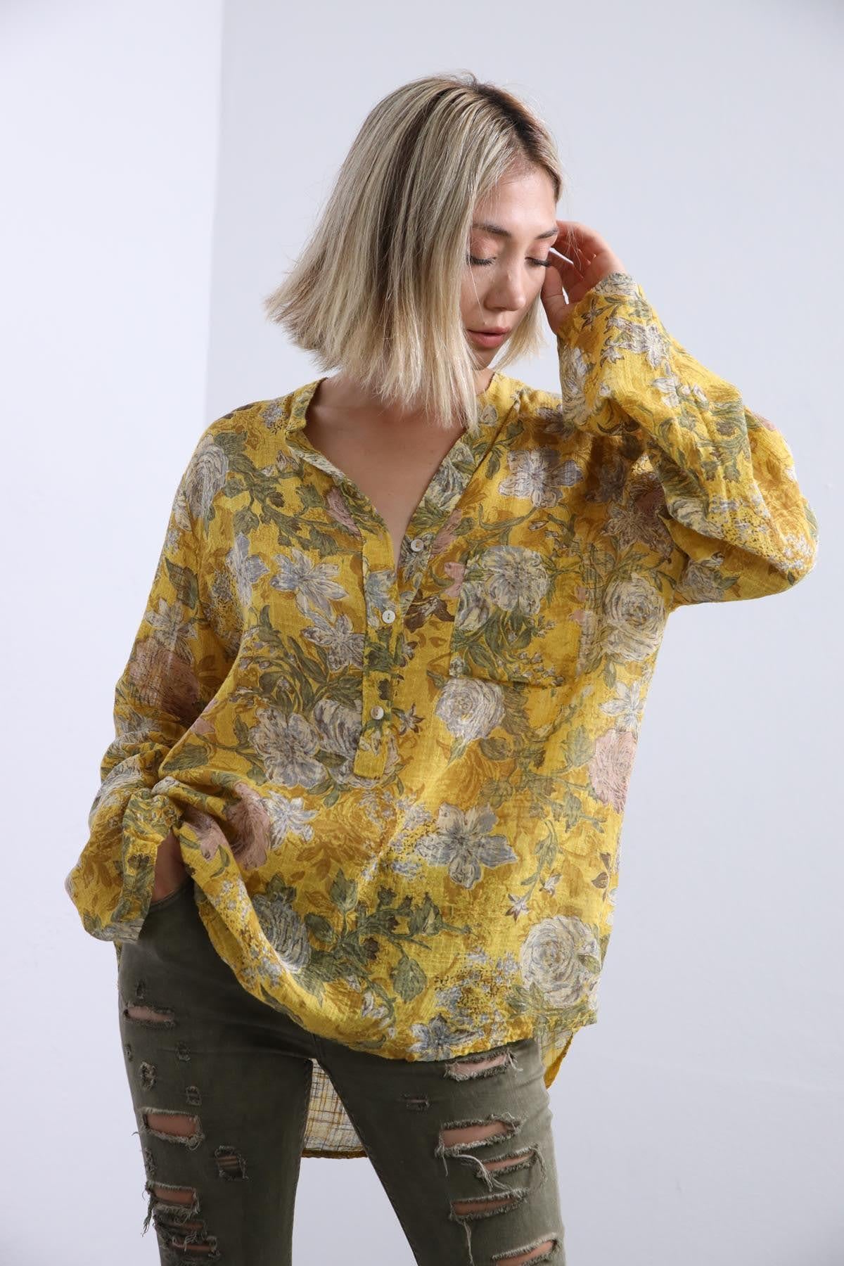 Hardal Rengi Çiçek Desenli Yarım Düğmeli Cepli Gömlek - Şaman Butik Hardal Rengi Çiçek Desenli Yarım Düğmeli Cepli Gömlek