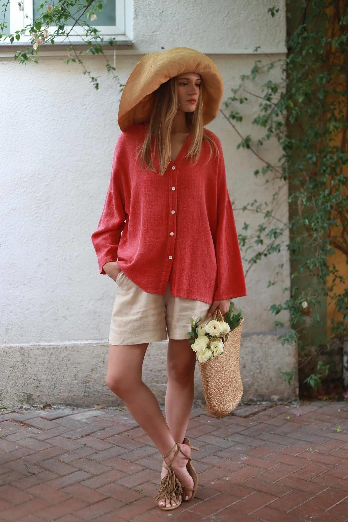 Coral Color Mandarin Collar Soft Linen Shirt