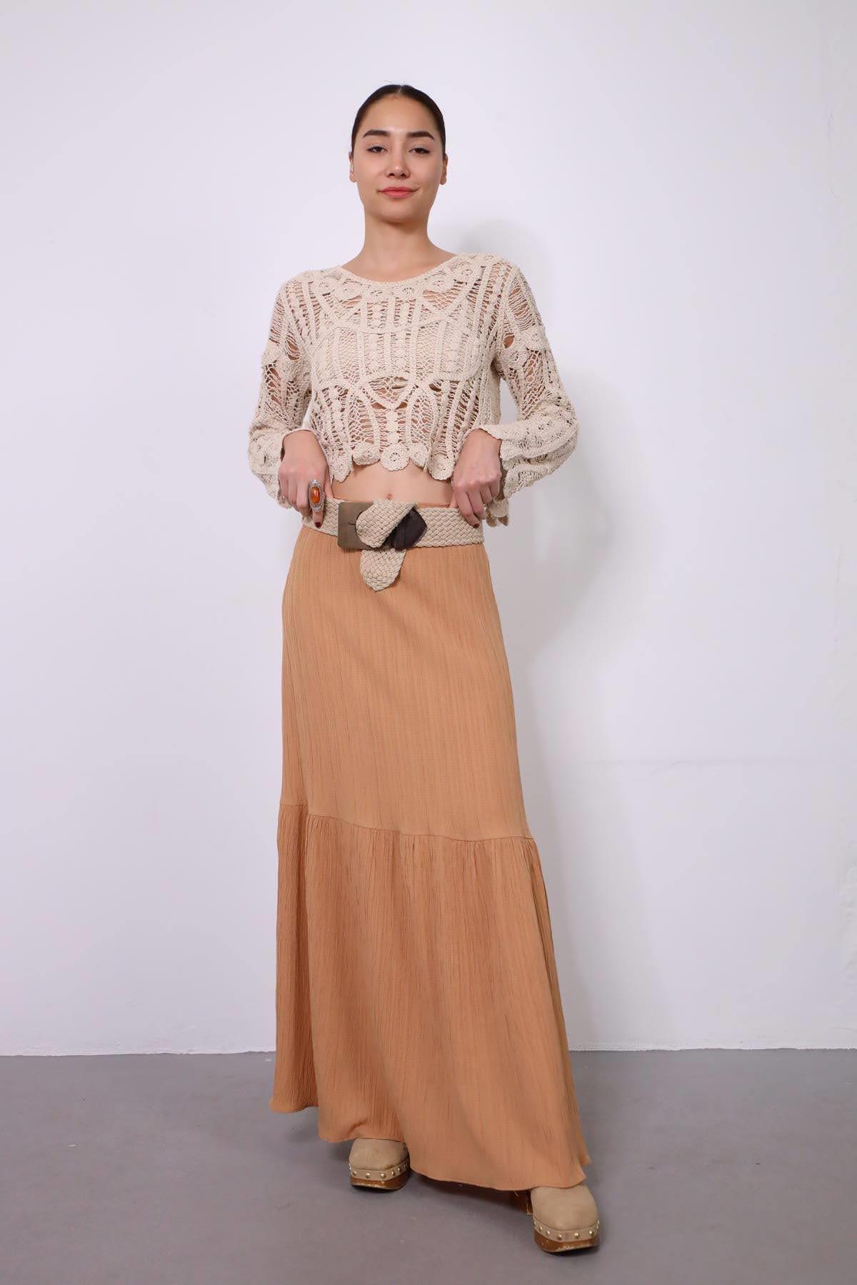 Sütlü Kahverengi Midi Boy Büzgülü Gofre Etek - Şaman Butik Sütlü Kahverengi Midi Boy Büzgülü Gofre Etek