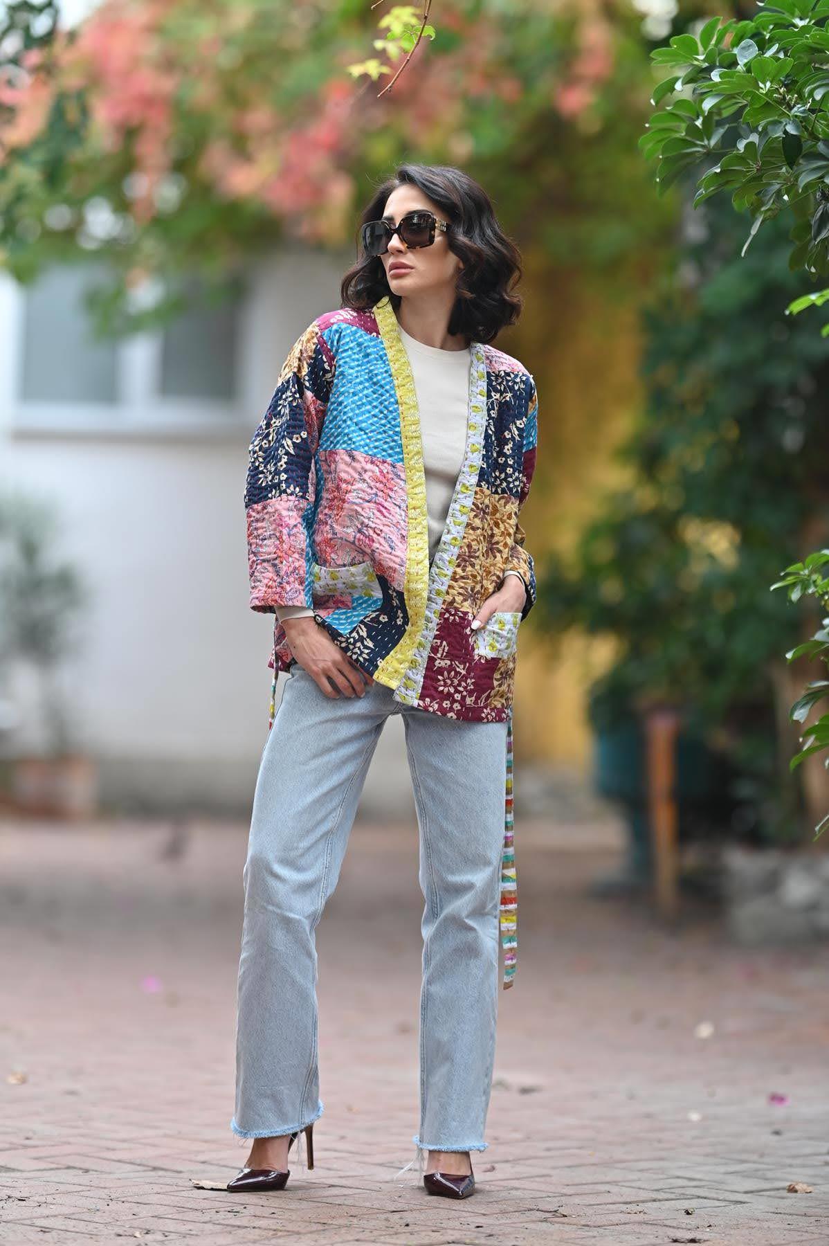 Renkli Patchwork Çoban Dikişli Ceket