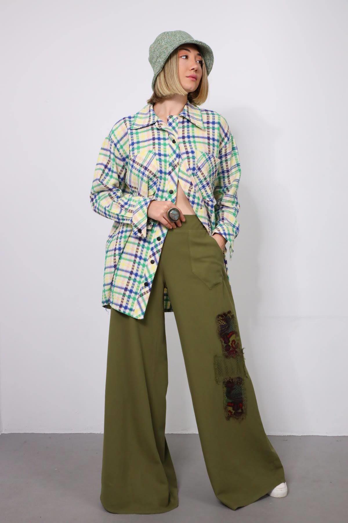 Haki Bol Paça File Detay Pantolon - Şaman Butik - Bohem Giyim ve Aksesuar | Kadın & Erkek Haki Bol Paça File Detay Pantolon