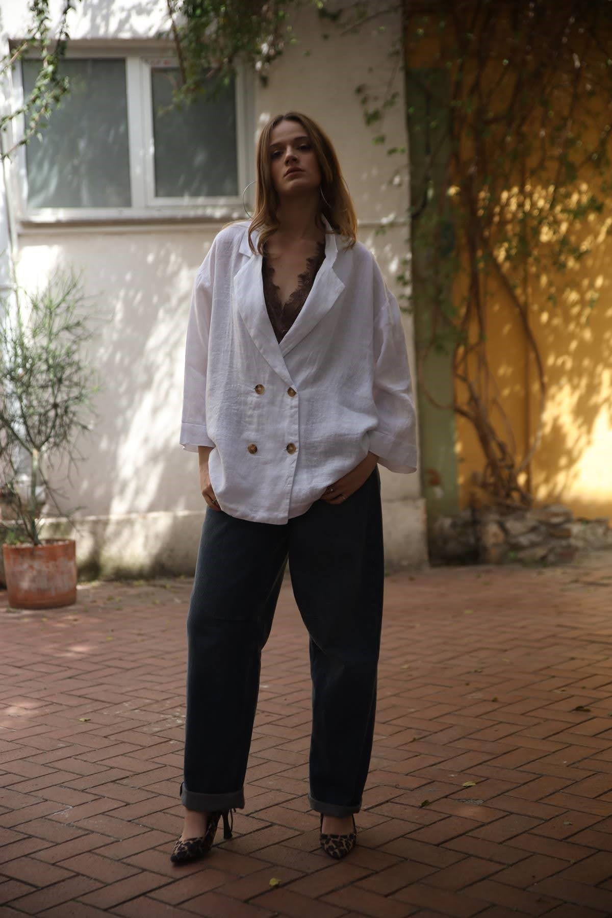 Beyaz Keten Blazer Ceket