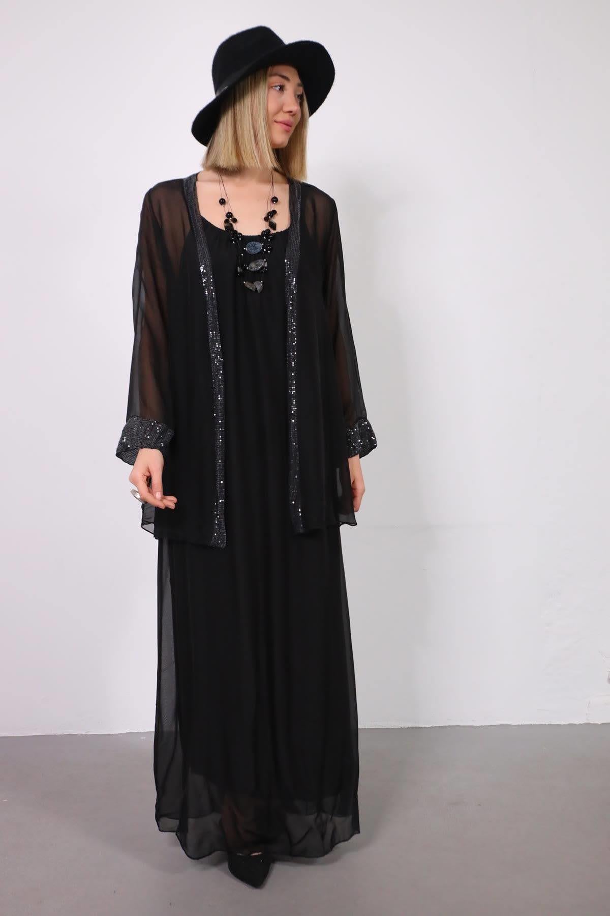 Siyah Payetli İpek Ceket ve Elbise Takım - Şaman Butik Siyah Payetli İpek Ceket ve Elbise Takım