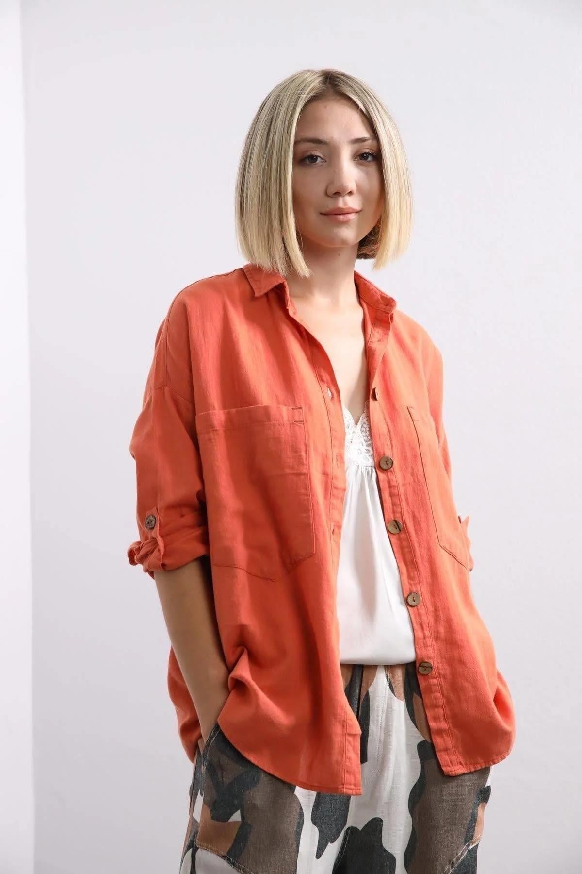 Kiremit Rengi Büyük Cepli Gömlek - Şaman Butik - Bohem Giyim ve Aksesuar | Kadın & Erkek Kiremit Rengi Büyük Cepli Gömlek