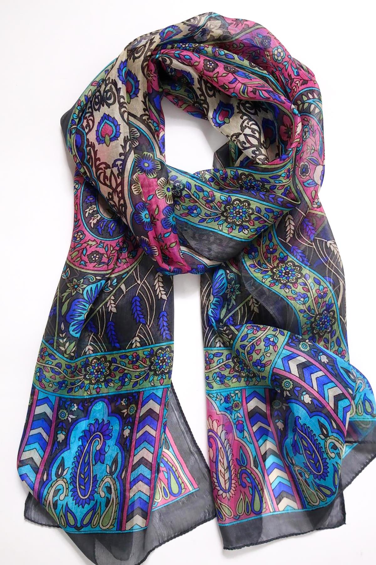 Antrasit Desenli İpek Şal - Şaman Butik Antrasit Desenli İpek Şal