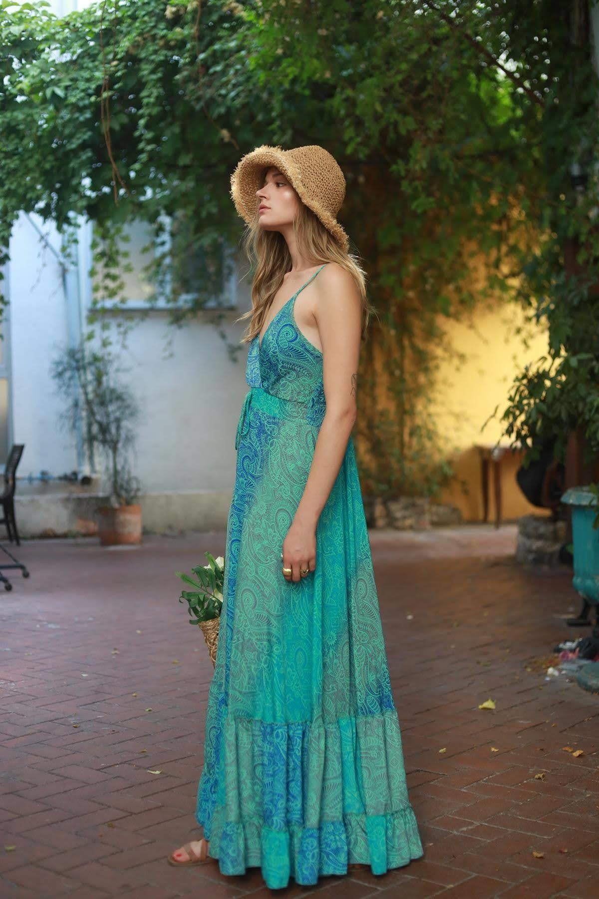 Turquoise Patterned Strappy Silk Dress