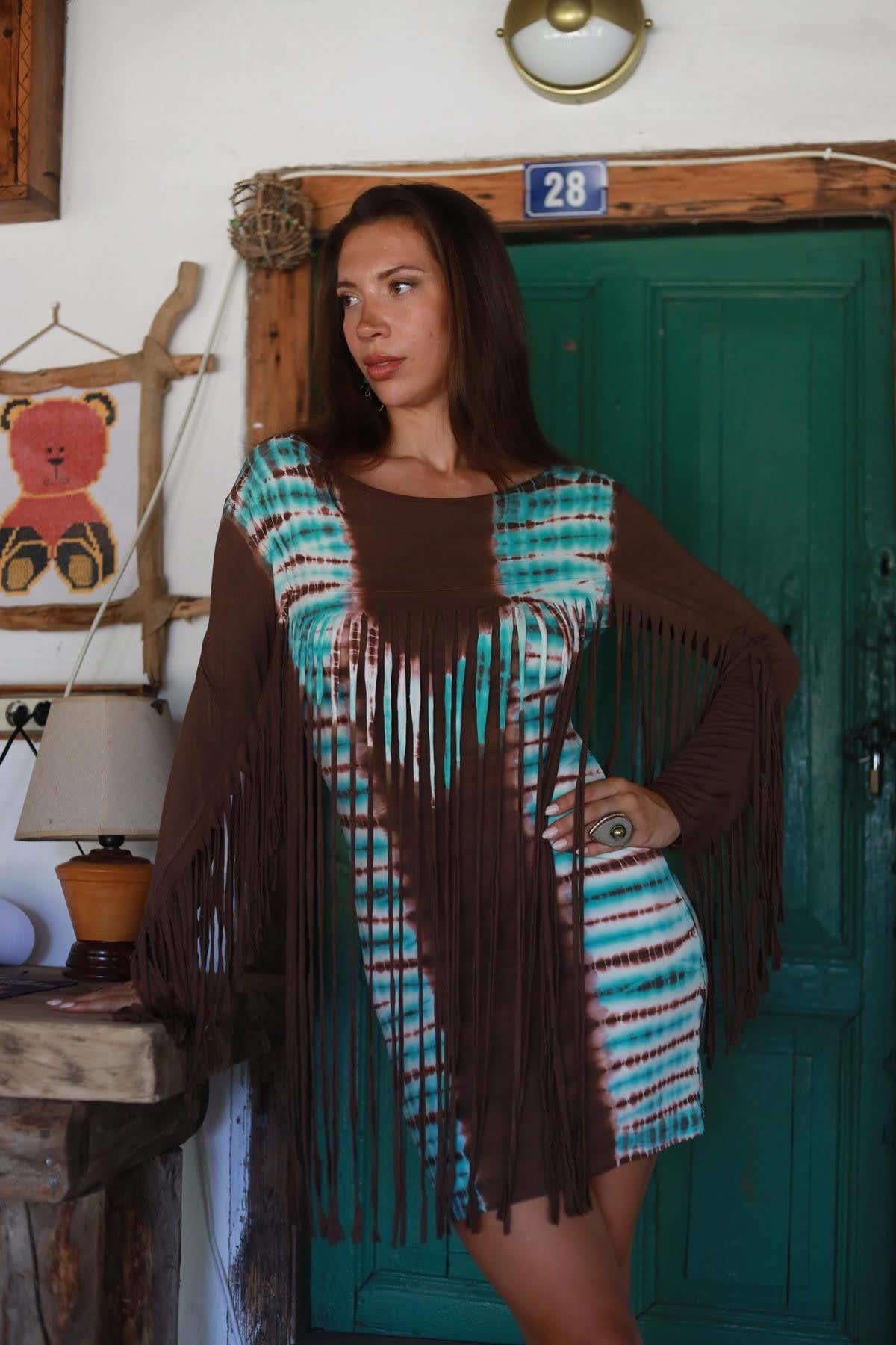 Kahverengi Batikli Püsküllü Otantik Elbise