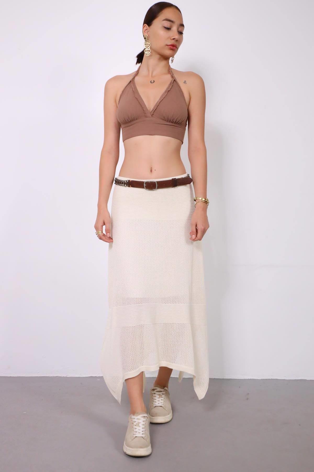  Ekru Yanları Uzun File Örme Etek