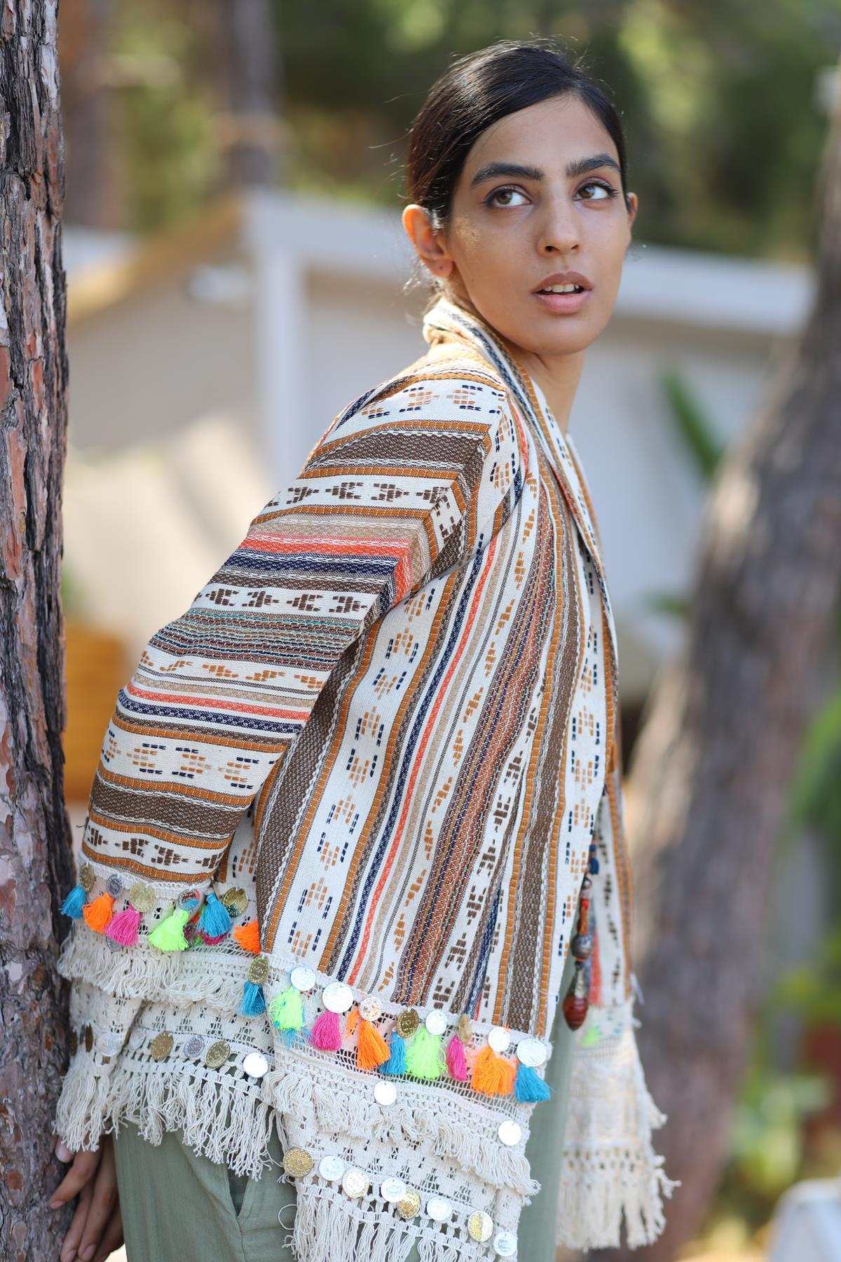  Kahverengi Saçaklı Kısa Etnik Ceket