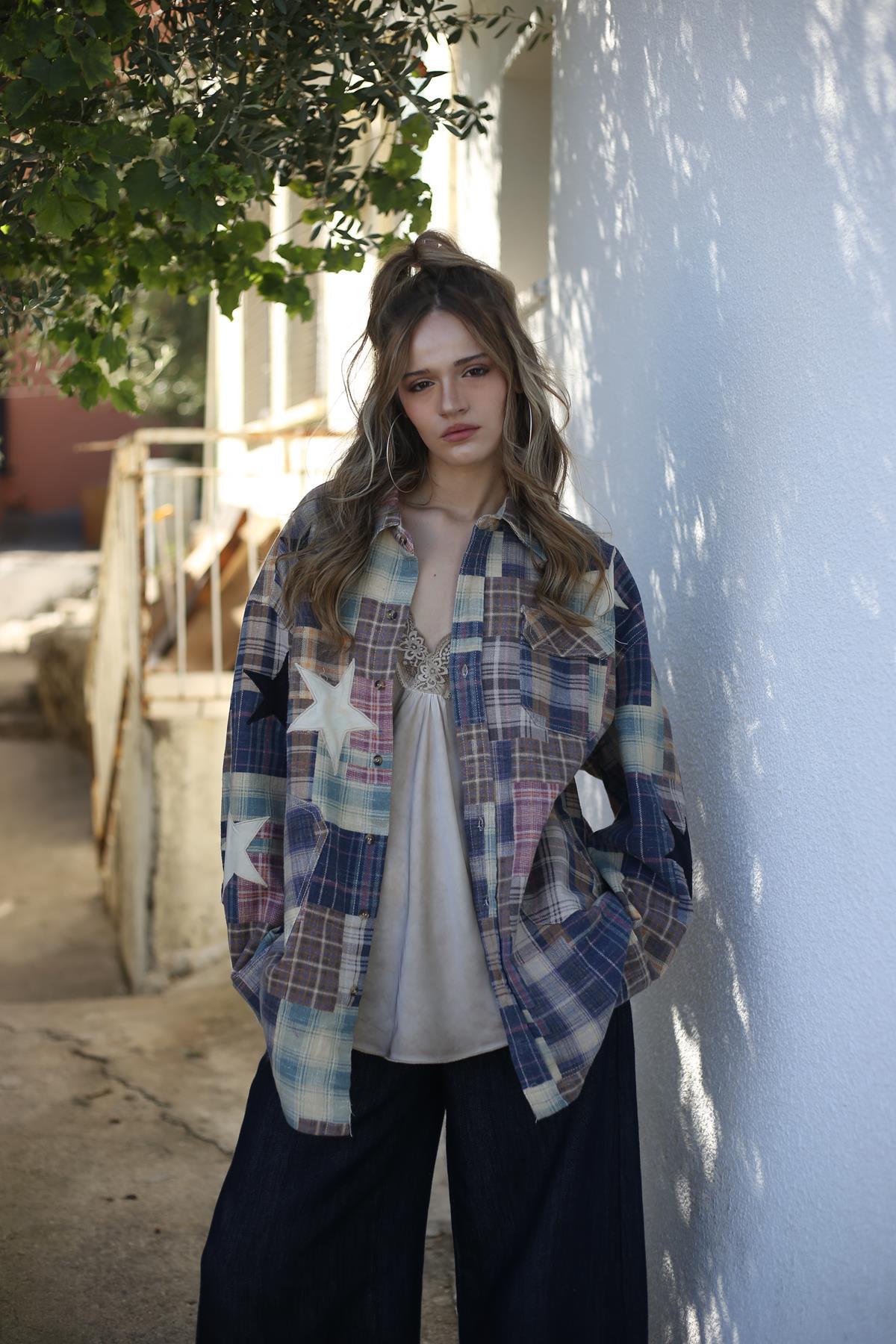 İndigo Mavi Ekose Cepli Oduncu Gömlek