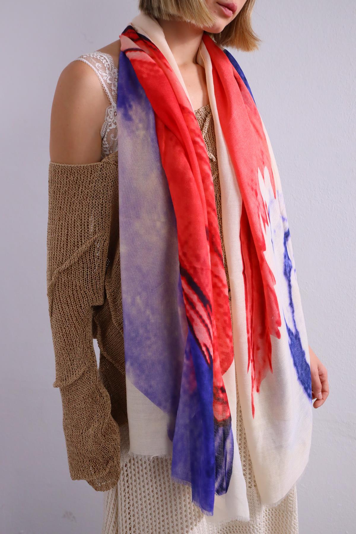 Kırmızı Mavil Desenli Otantik Şal - Şaman Butik Kırmızı Mavil Desenli Otantik Şal