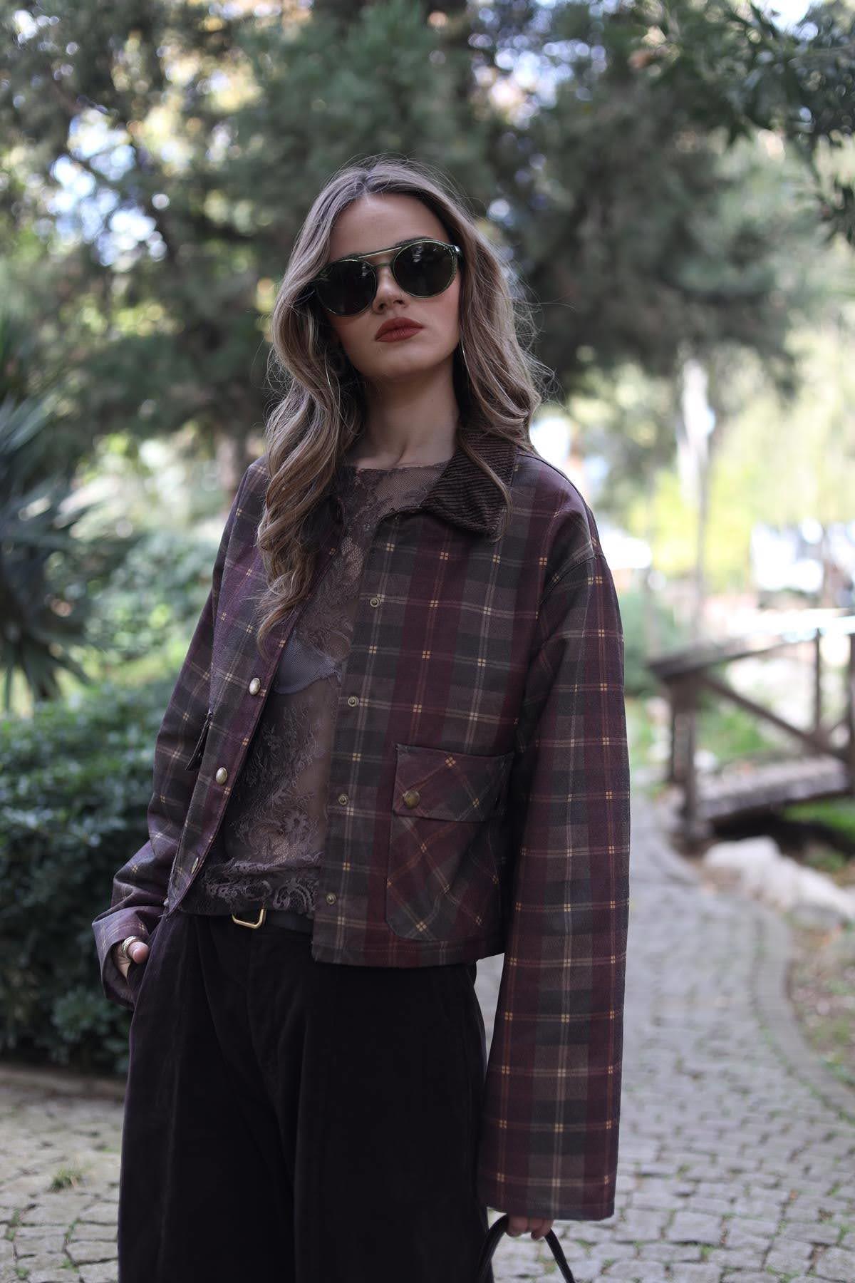 Bordo İçi Polar Yakası Kadife Kısa Ekose Mont