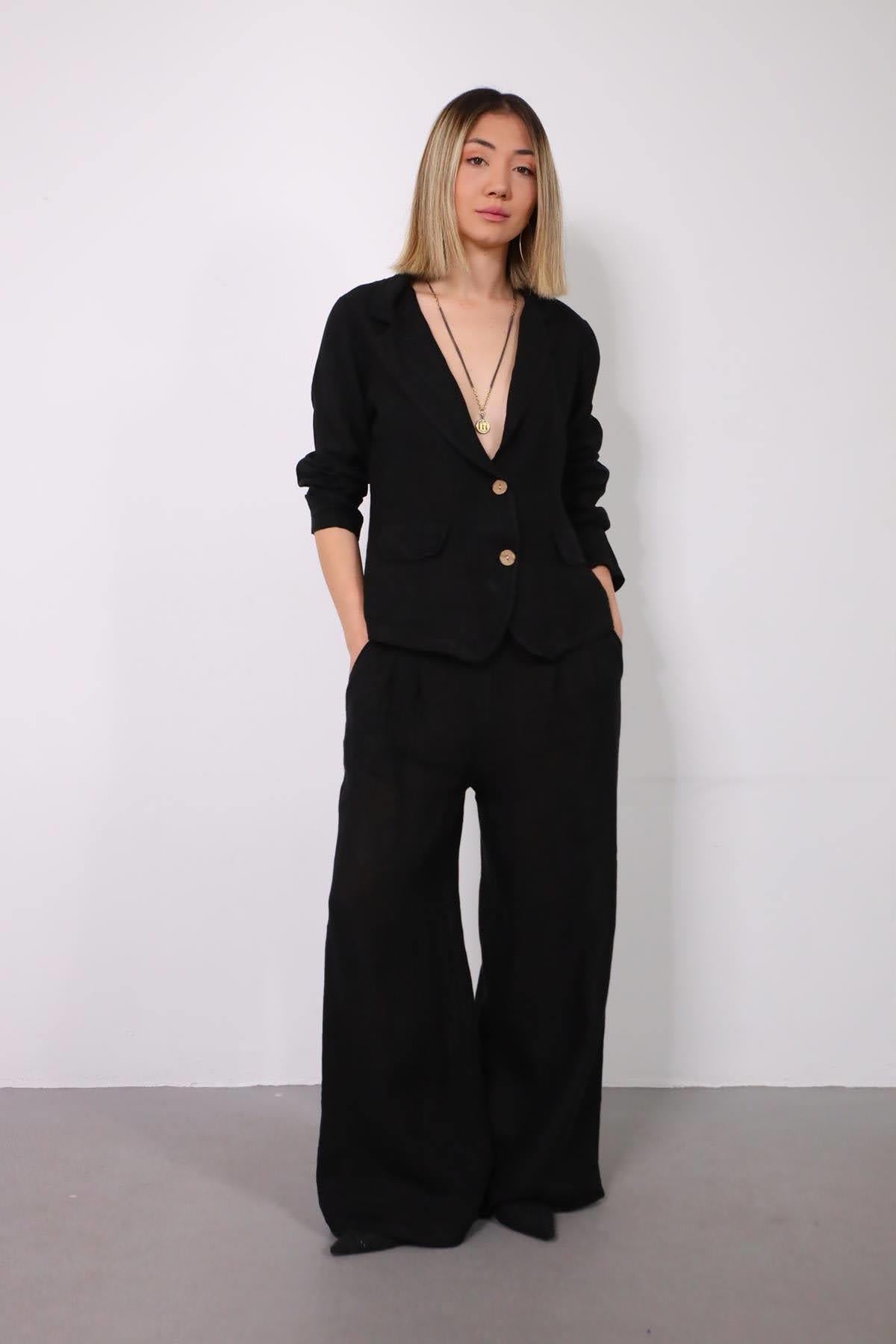 Siyah Beli Pileli Pantolon Ceket Takım - Şaman Butik Siyah Beli Pileli Pantolon Ceket Takım