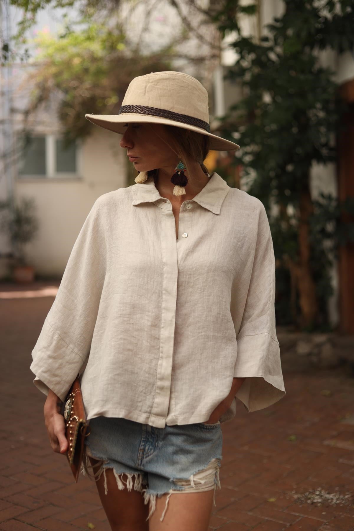 Taş Rengi Geniş Manşetli Gizli Cepli Keten Gömlek