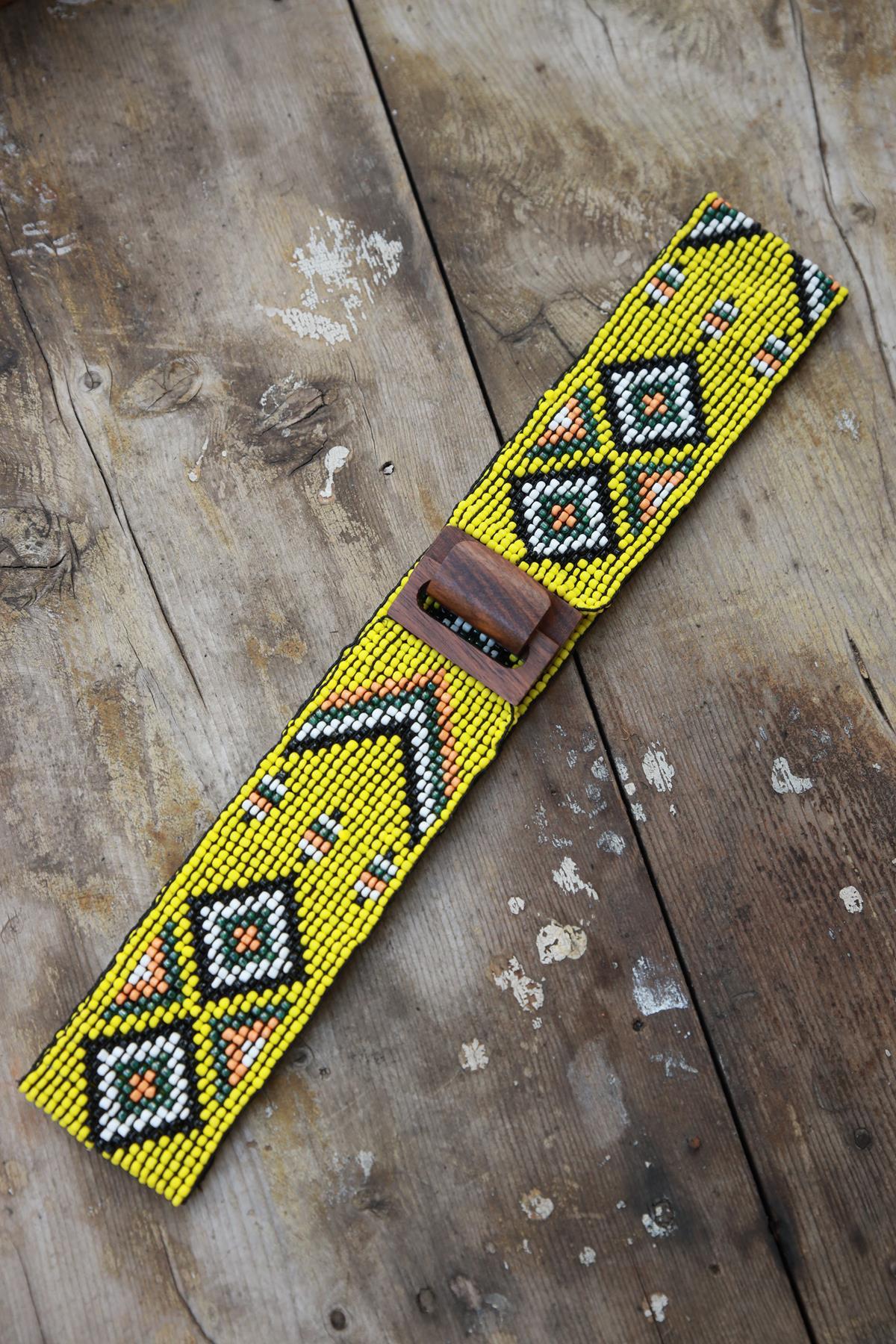 Yellow Wooden Buckle Detailed Beaded Elastic Belt