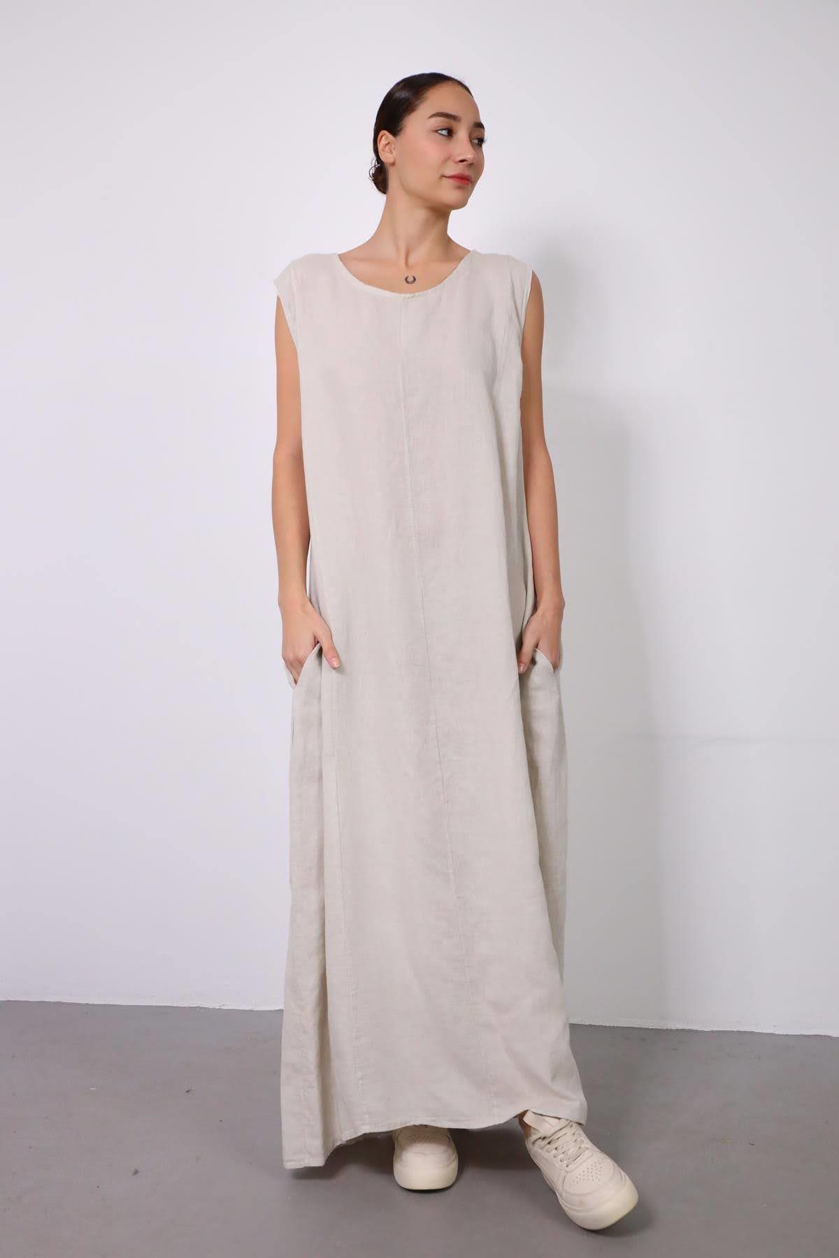  Krem Rengi Kalın Askılı Keten Elbise