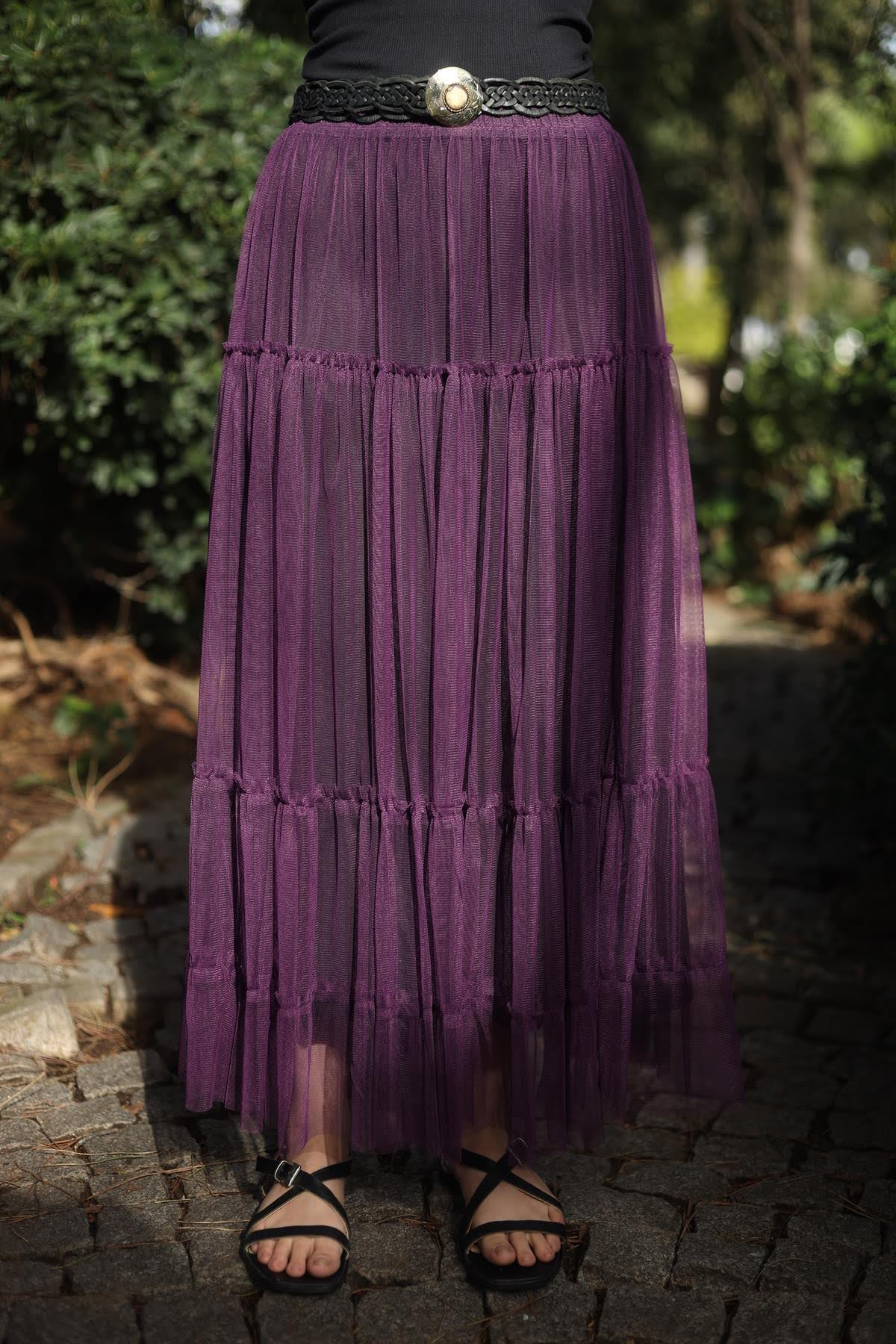 Mor Katlı Tül Etek