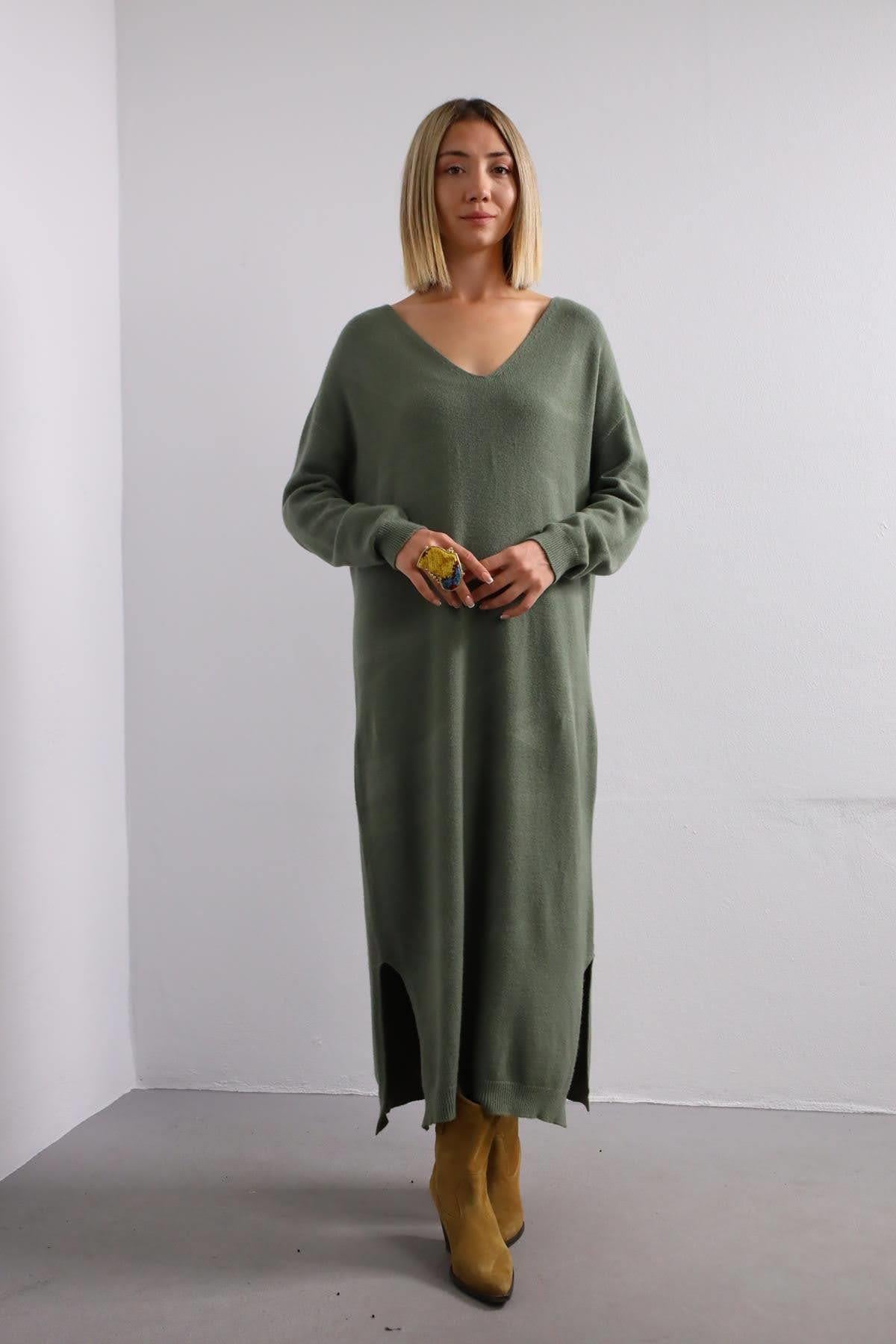 Haki V Yaka Triko Elbise - Şaman Butik Haki V Yaka Triko Elbise