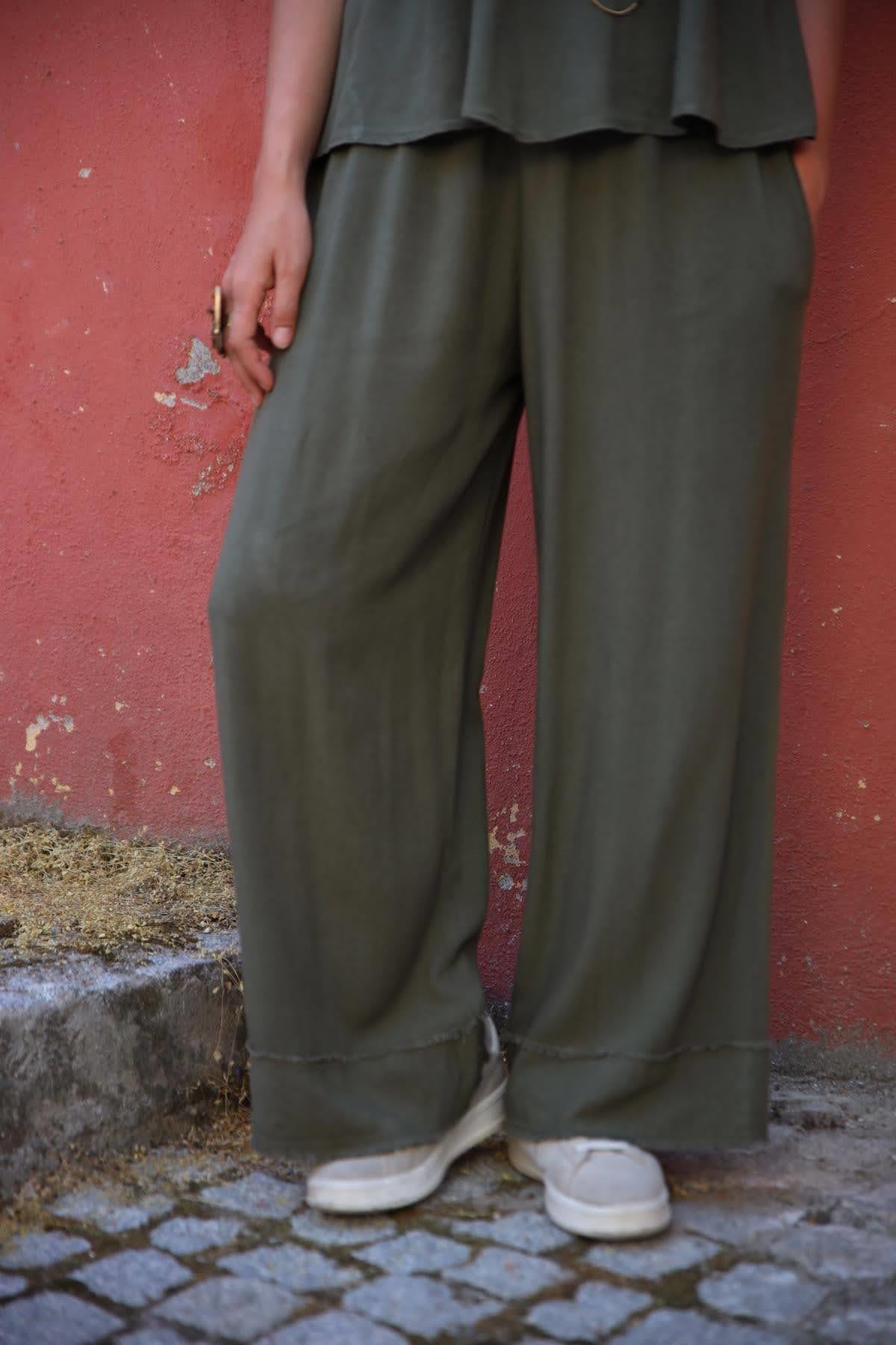 Haki Keten Beli ve Paçası Dikişli Pantolon - Şaman Butik Haki Keten Beli ve Paçası Dikişli Pantolon
