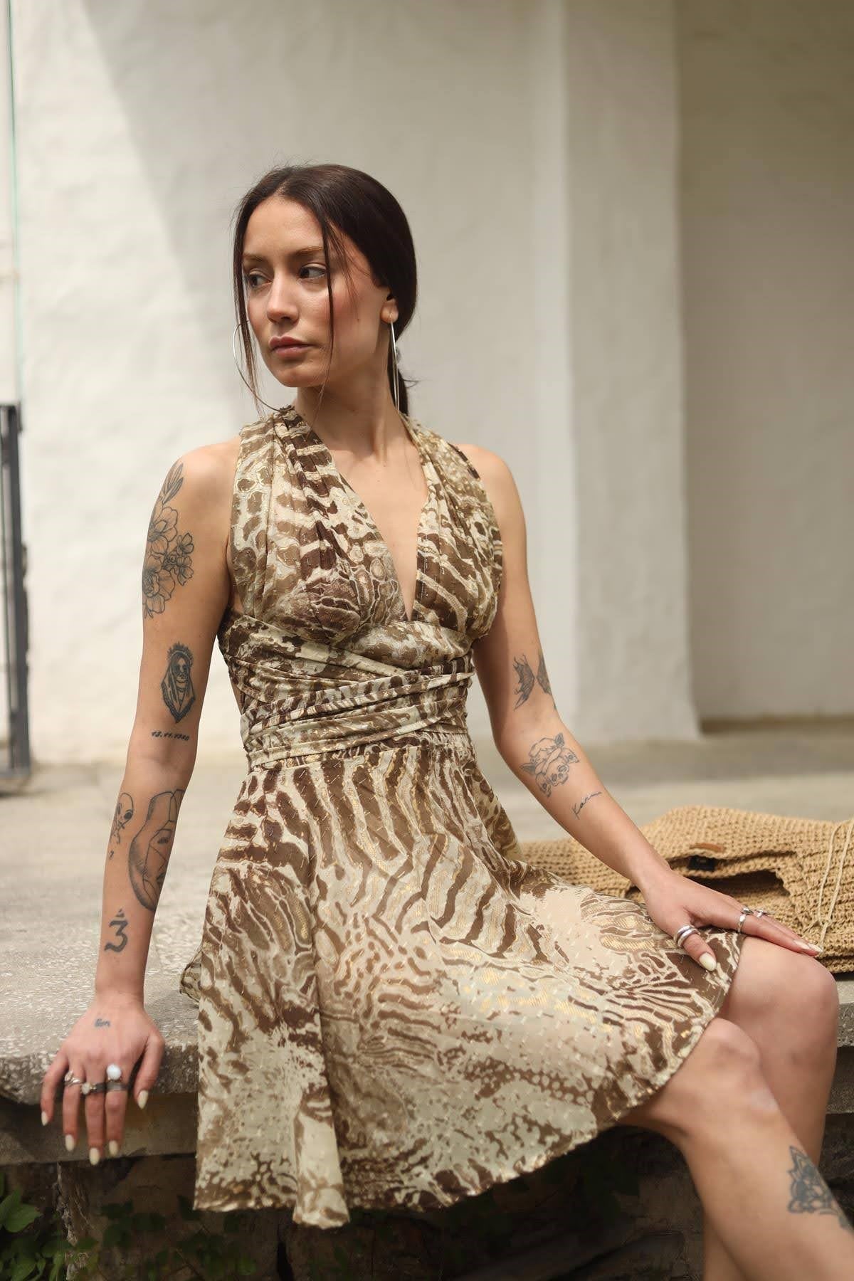 Vizon Rengi Pamuklu Boyundan Bağlamalı Kısa Elbise