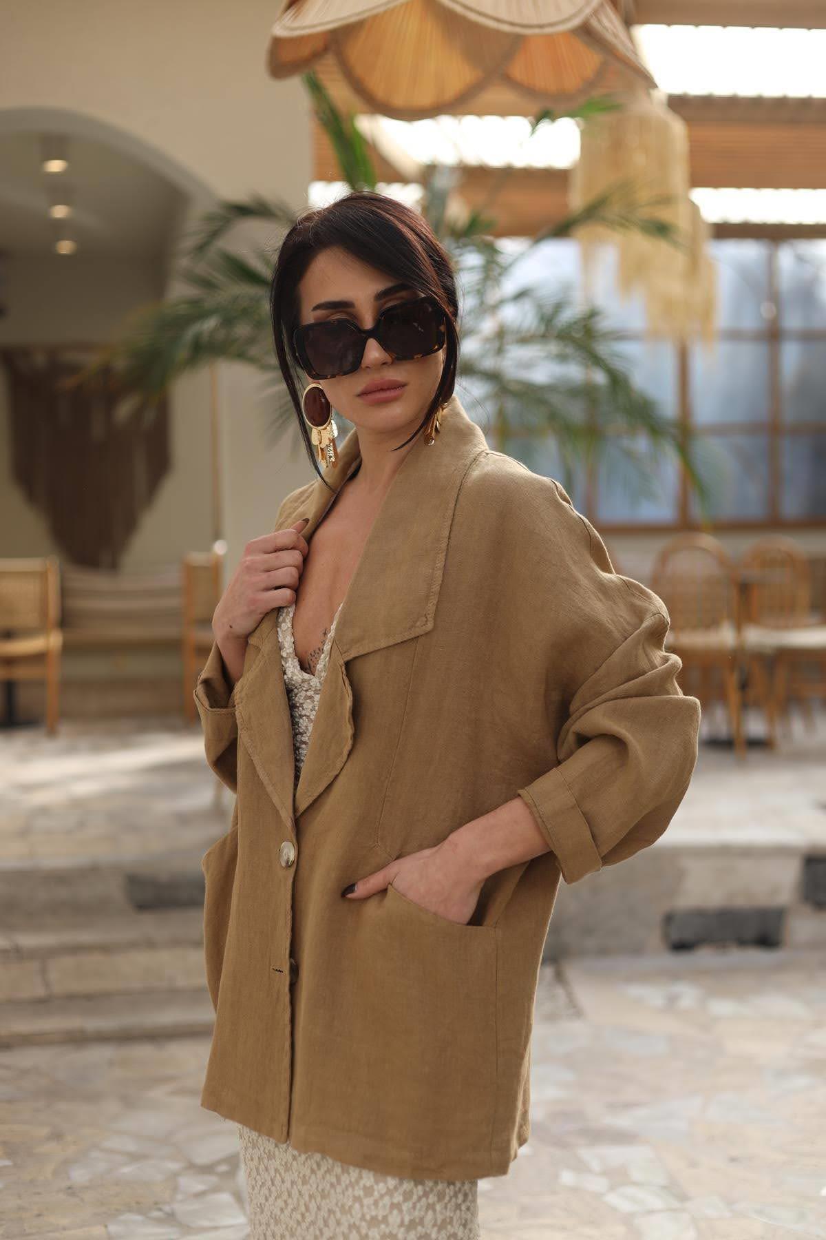 Camel Rengi Blazer Yaka Keten Ceket