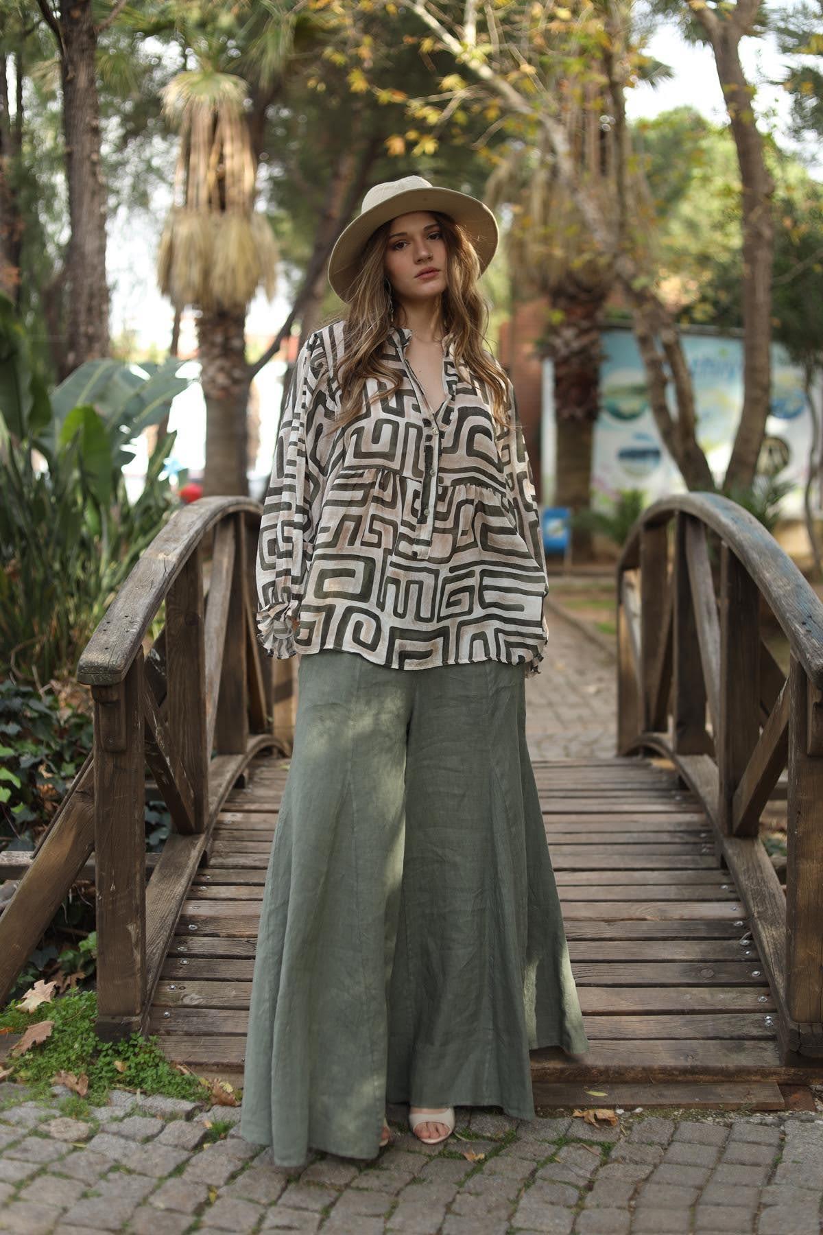 Haki Keten Pantolon Etek