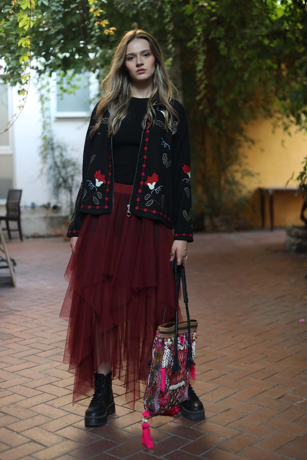Burgundy Elastic Waist Layered Tulle Skirt