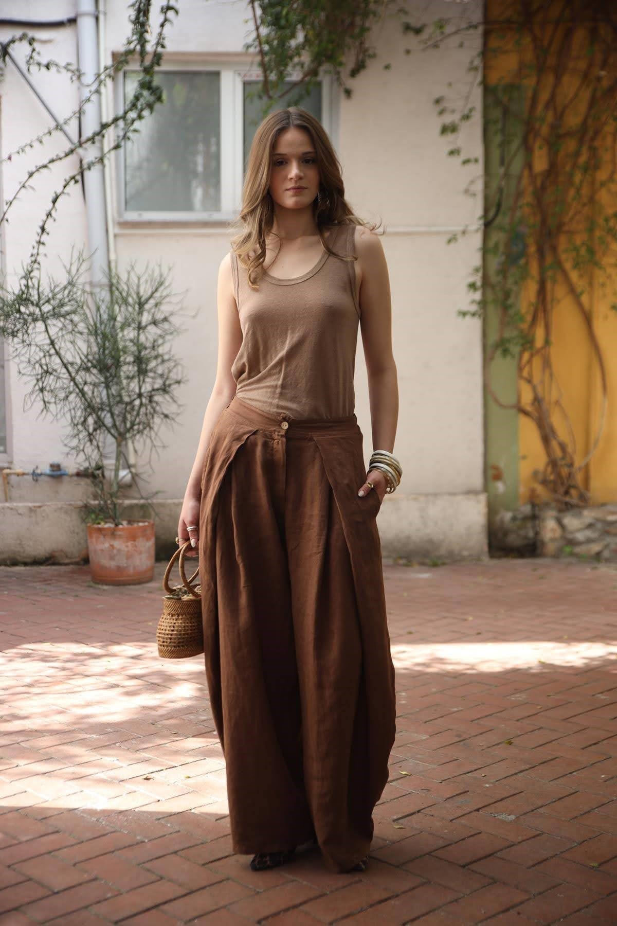 Kahverengi Pileli Bol Paça Keten Pantolon