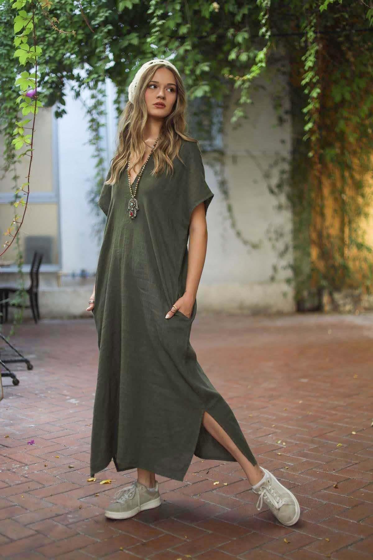 Haki Sırtı Bağlamalı Yırtmaçlı Keten Elbise