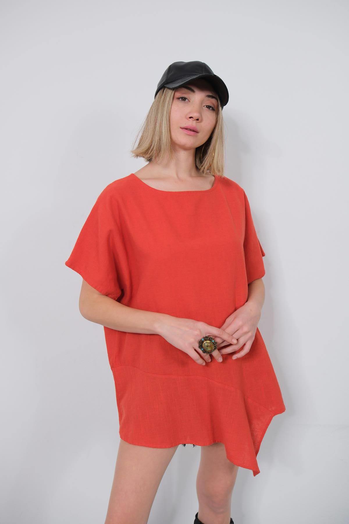  Nar Çiçeği Asimetrik Keten Bluz