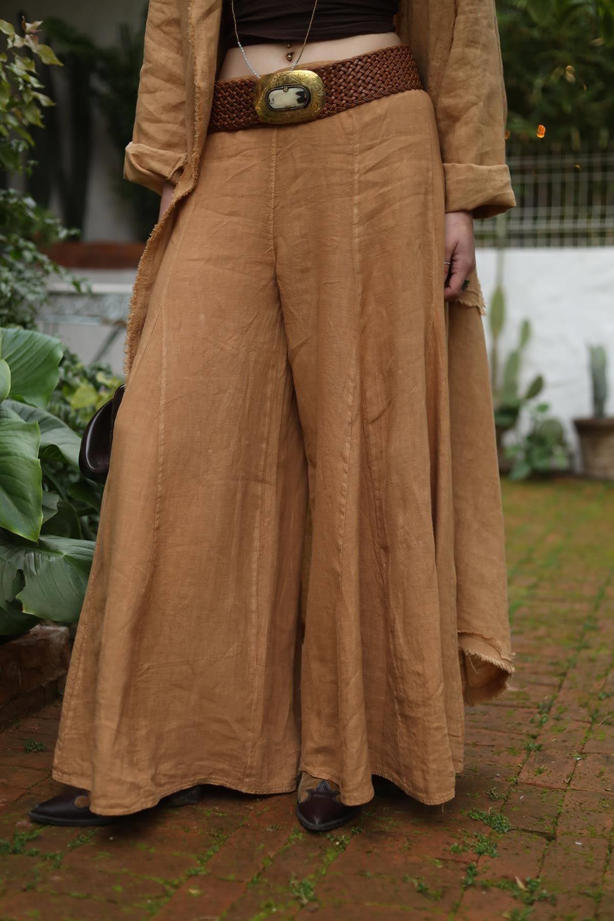 Camel Rengi Keten Pantolon Etek