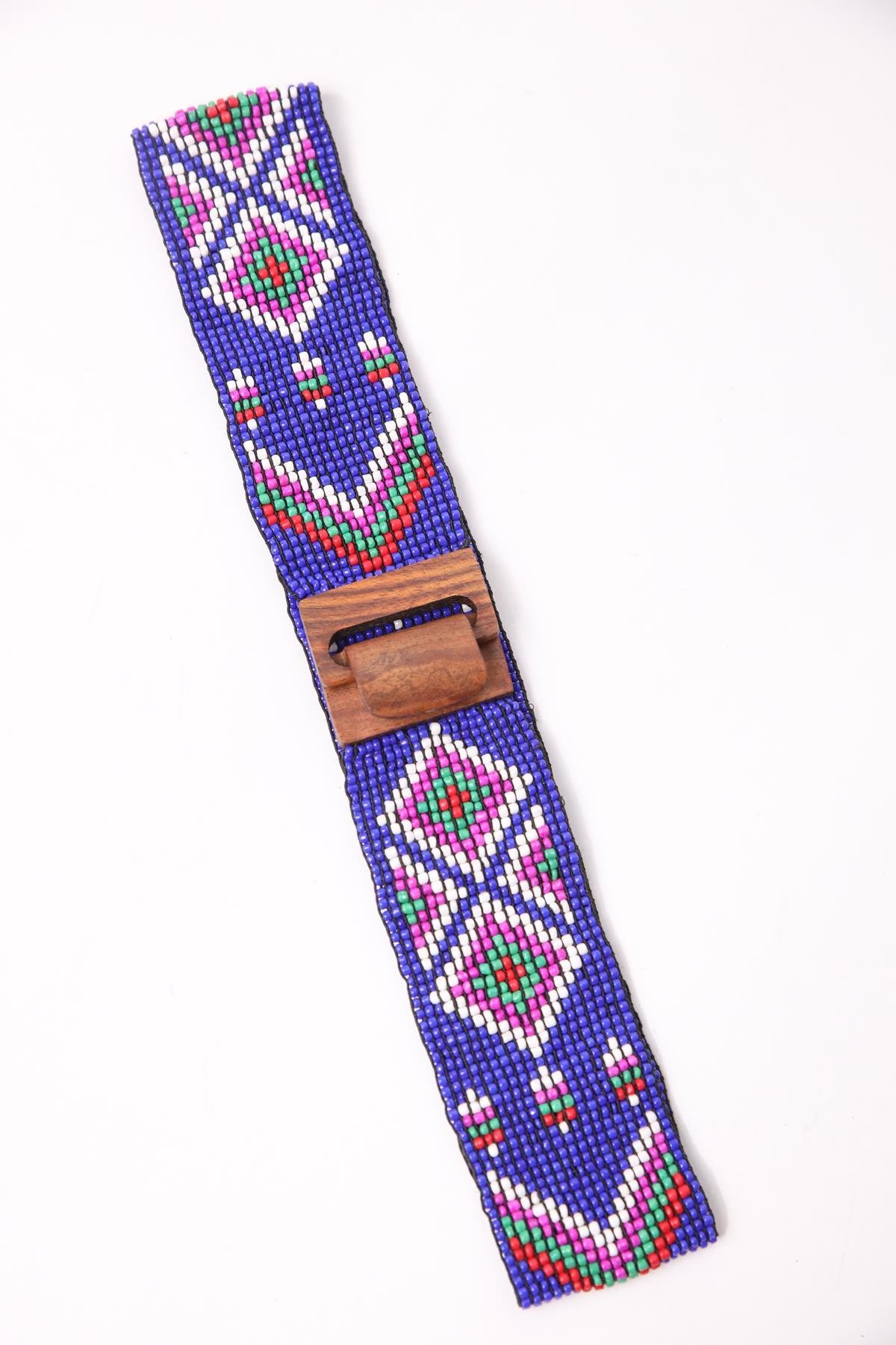 Sax Blue Wooden Buckle Detailed Beaded Elastic Belt