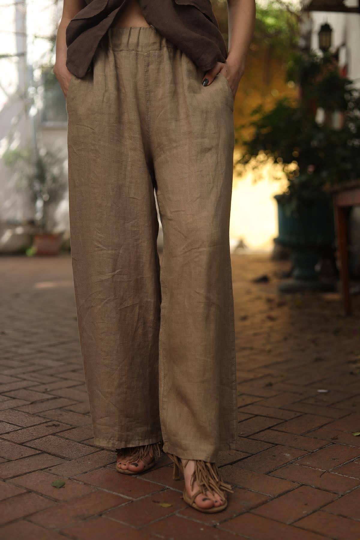 Camel Rengi Beli Lastikli Geniş Paça Keten Pantolon