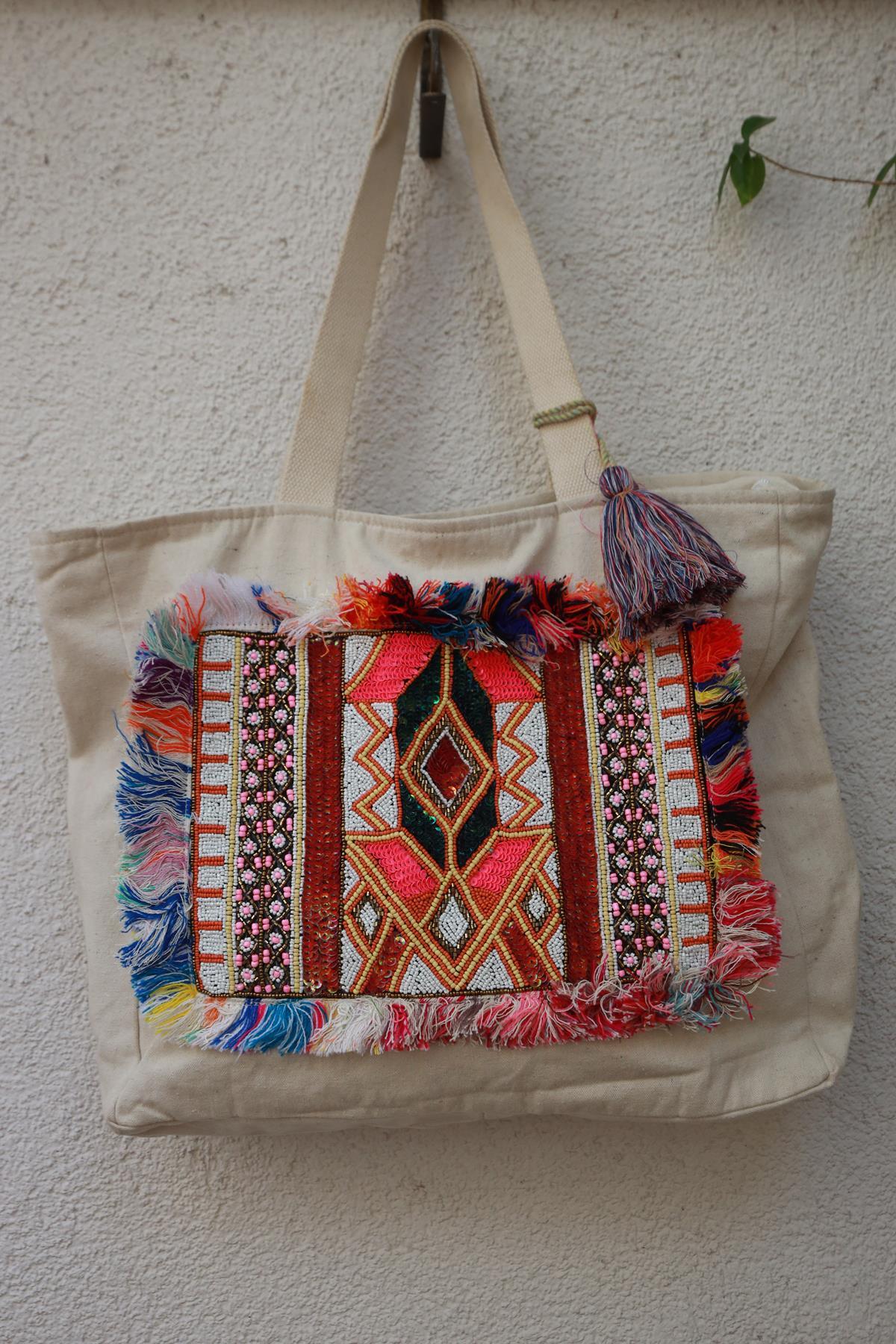 Cream Color Linen Beaded Authentic Bag