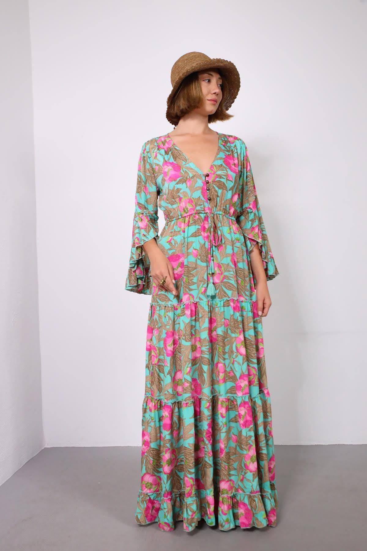 Su Yeşili Kolları Volanlı Düğme Detaylı İpek Elbise - Şaman Butik Su Yeşili Kolları Volanlı Düğme Detaylı İpek Elbise