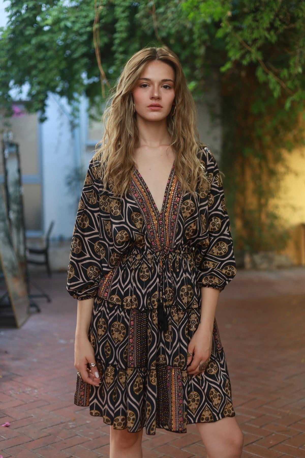 Black Patterned V-Neck Low-Cut Back Short Silk Dress