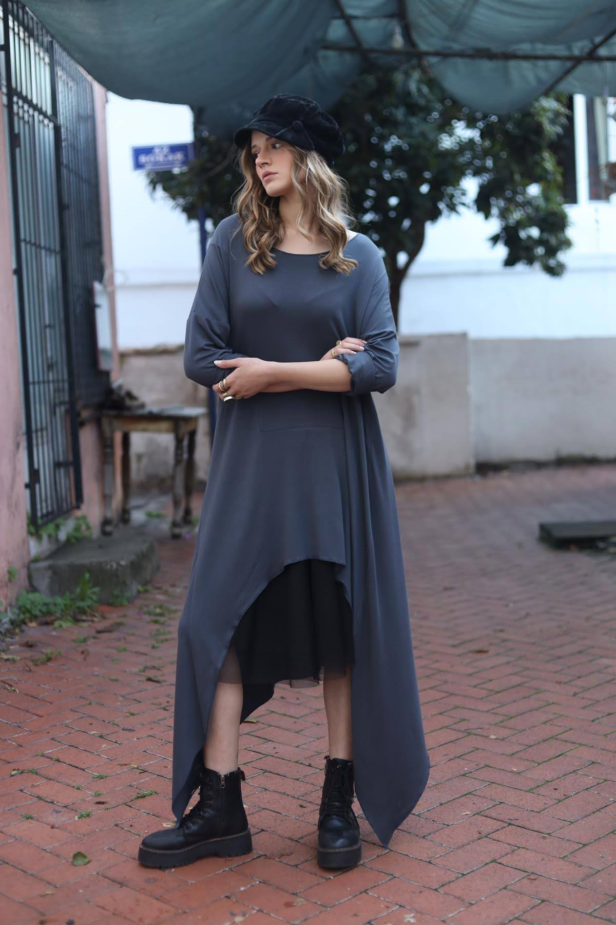 Antrasit Önü Kısa Arkası Uzun Tunik