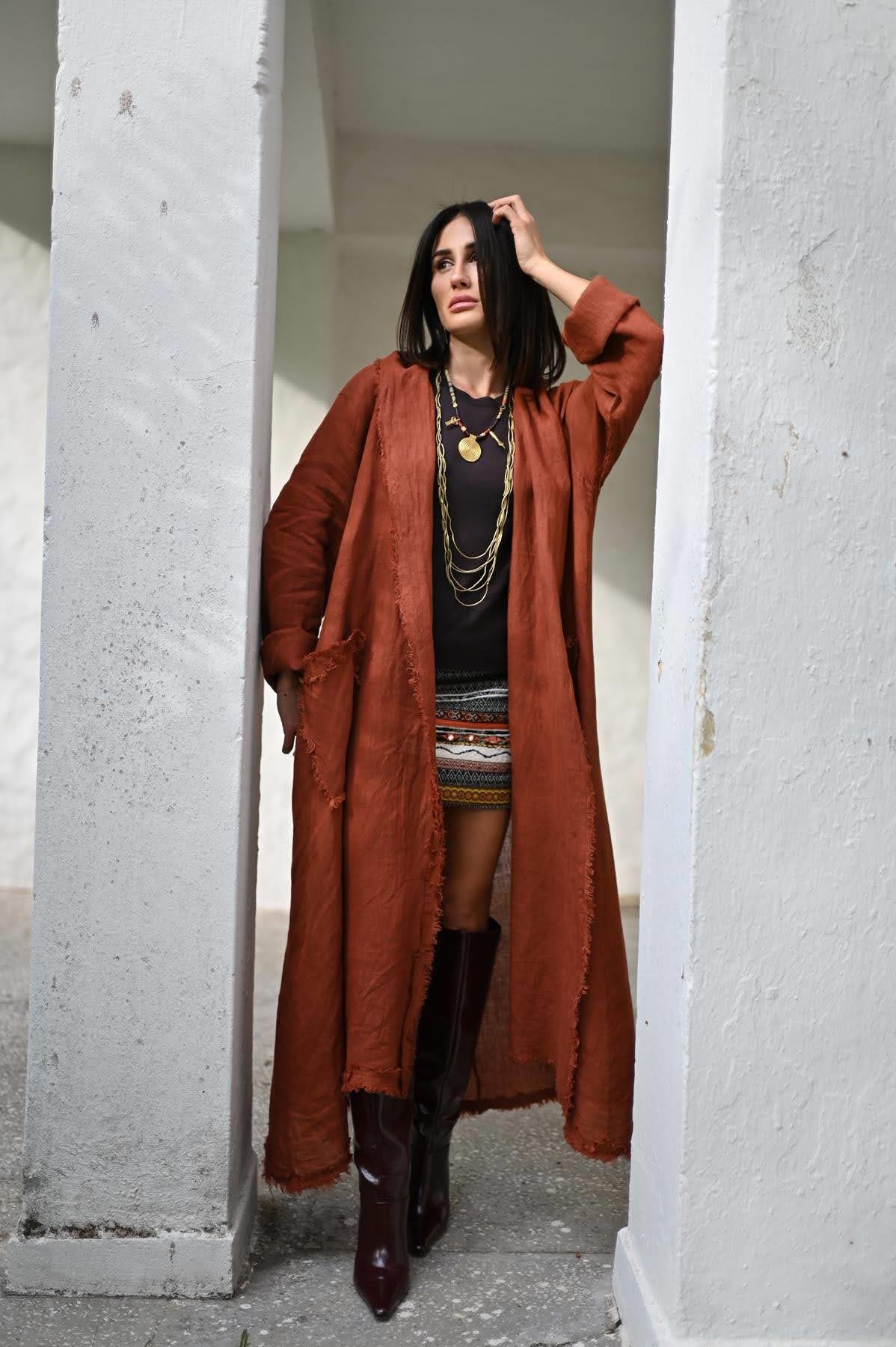 Kiremit Rengi Püskül Detaylı Cepli Keten Kaftan