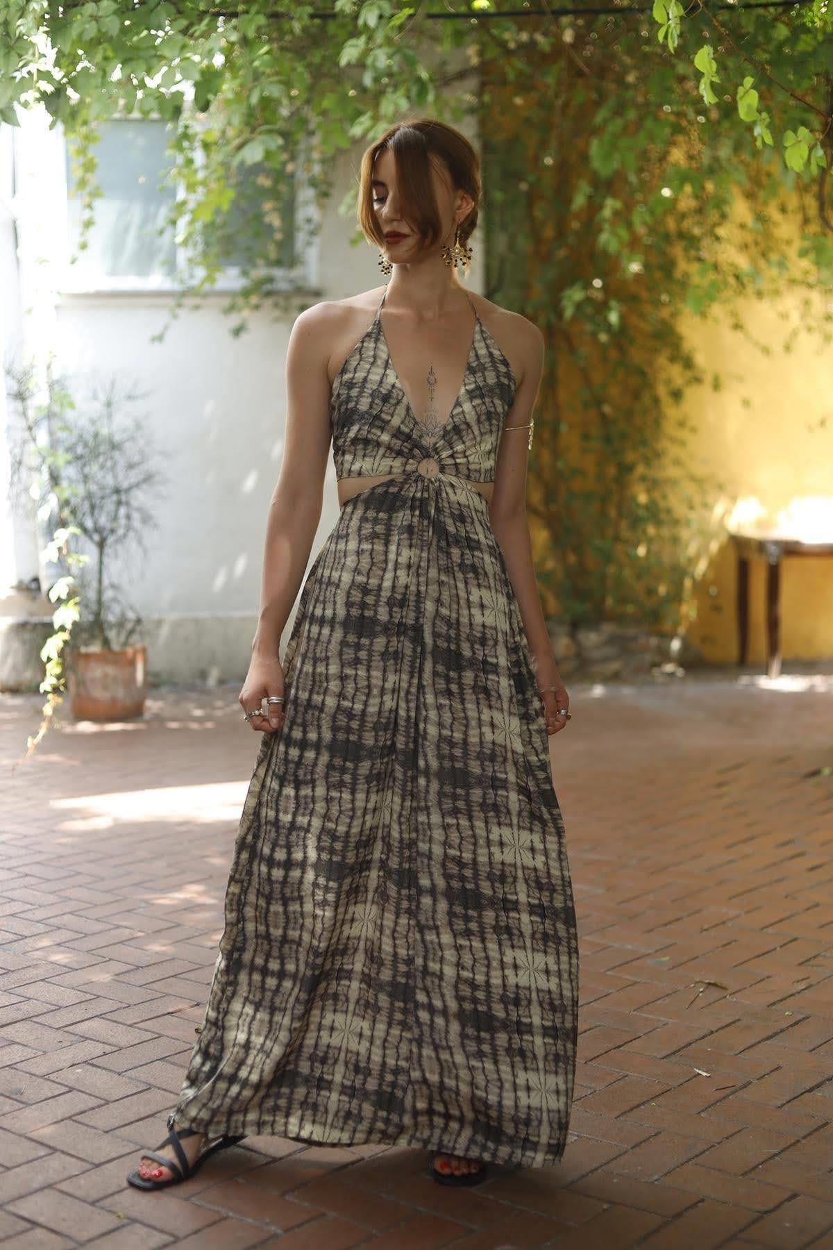 Black Strappy Backless Silk Dress