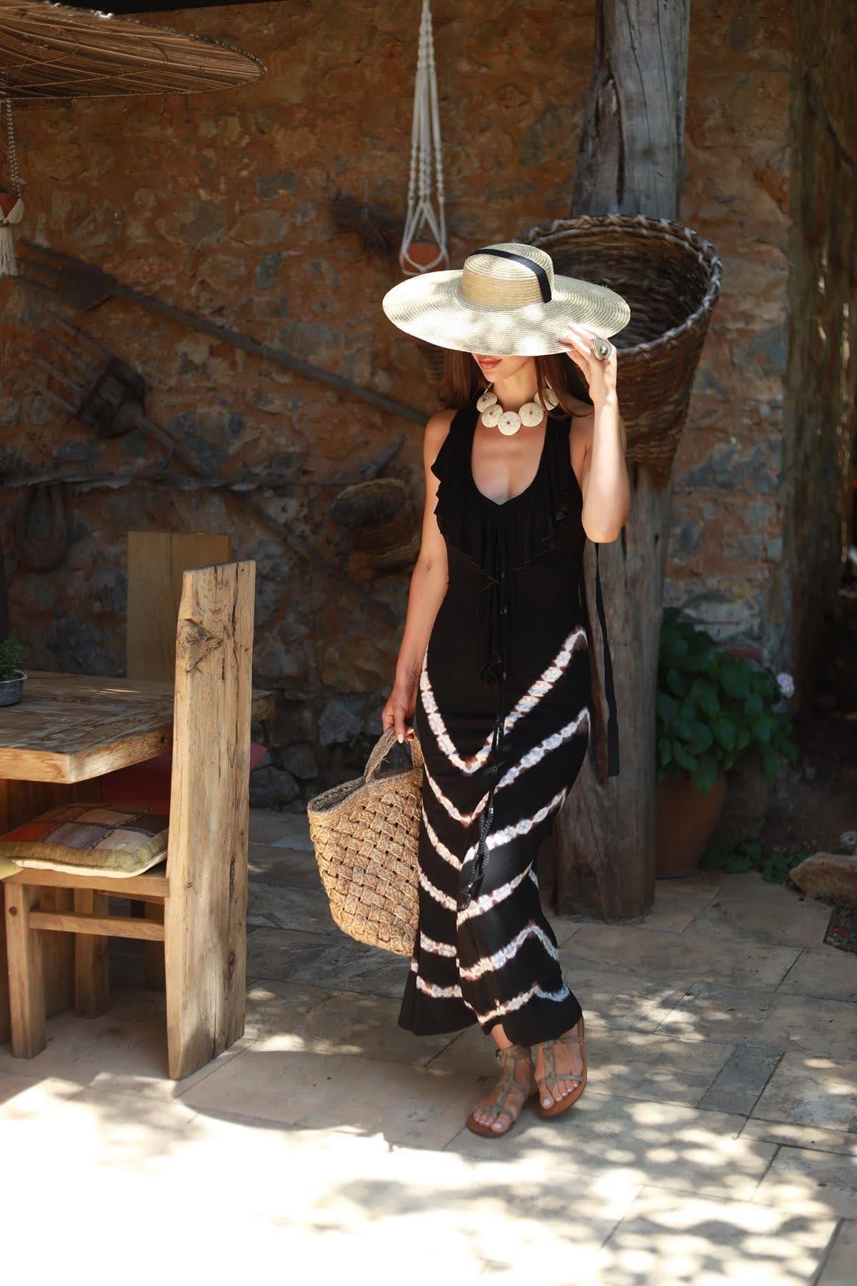 Siyah Batikli Örgü İp Bağlamalı Otantik Elbise