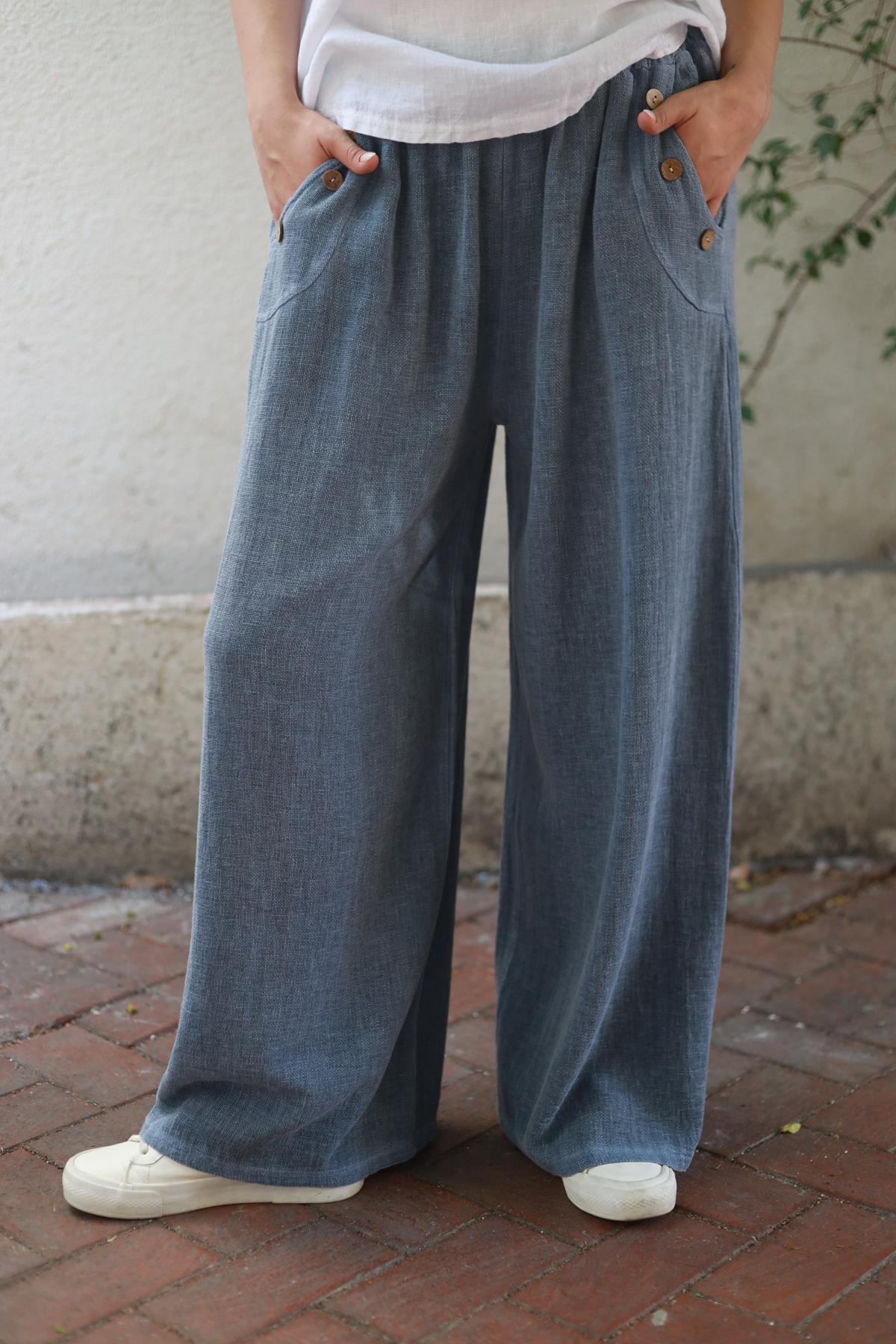 İndigo Mavi Cebi Düğmeli Soft Keten Pantolon