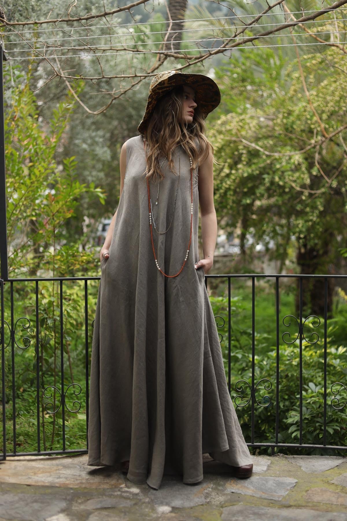 Vizon Rengi V Yaka Cepli Kolsuz Keten Elbise