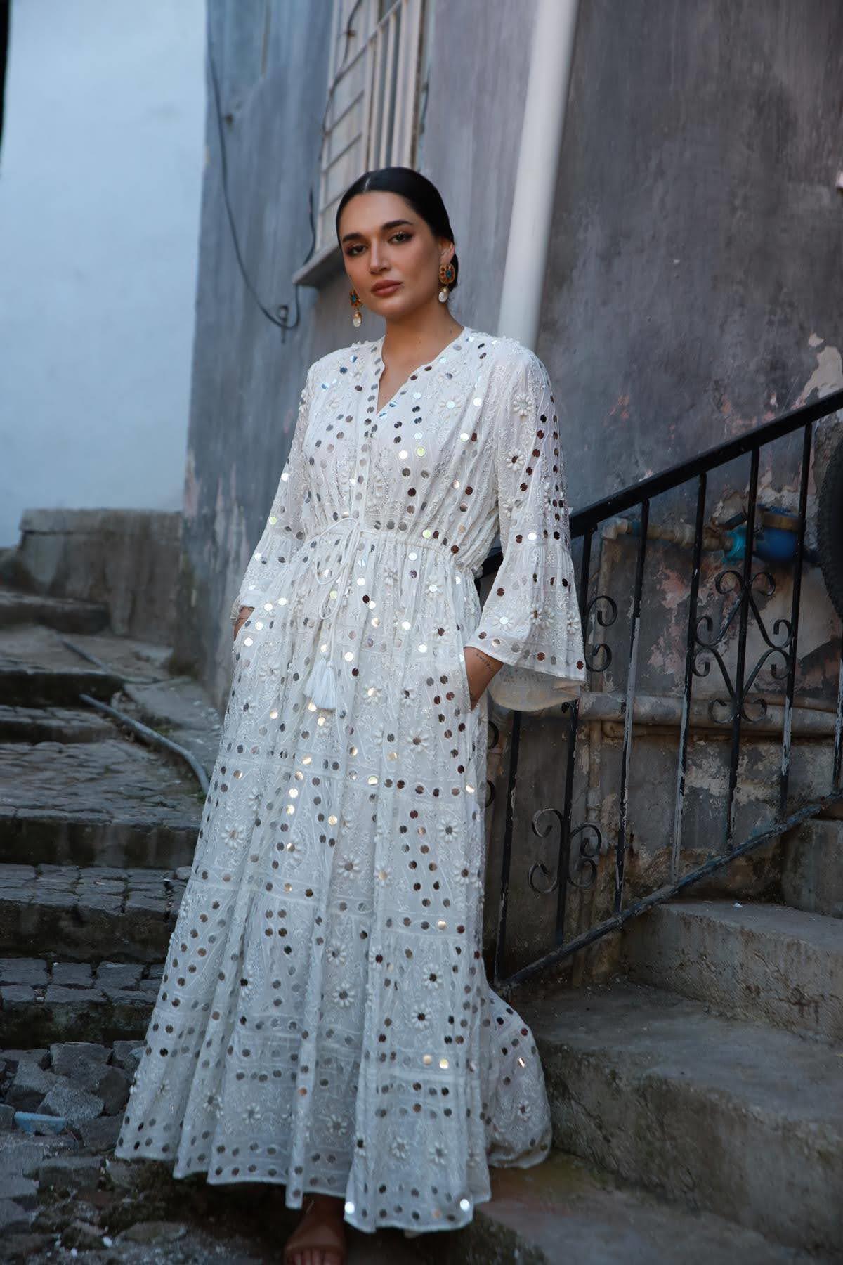 White Snap V Neck Sequin Embroidered Long Authentic Dress