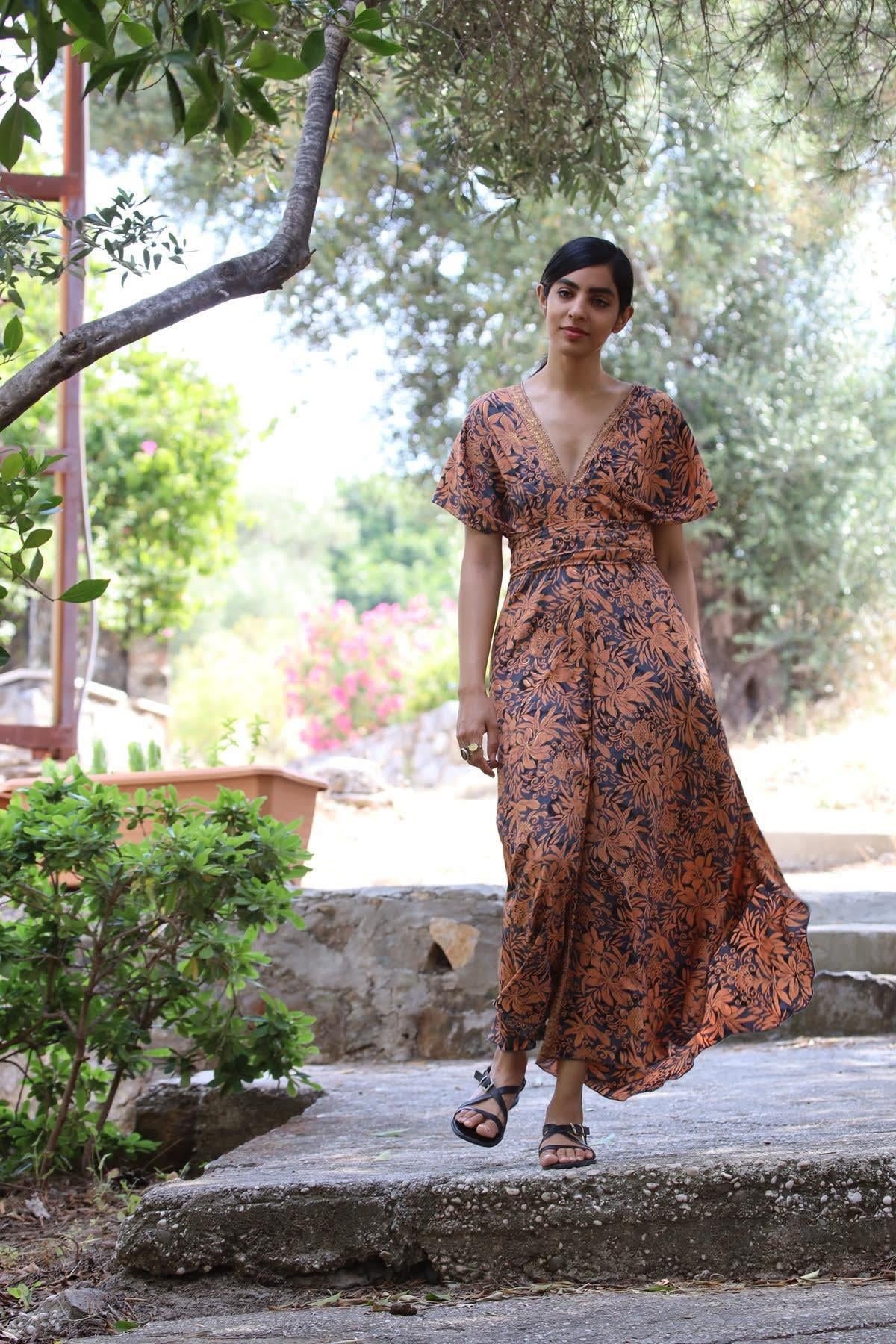 Salmon Color Patterned Silk Jumpsuit