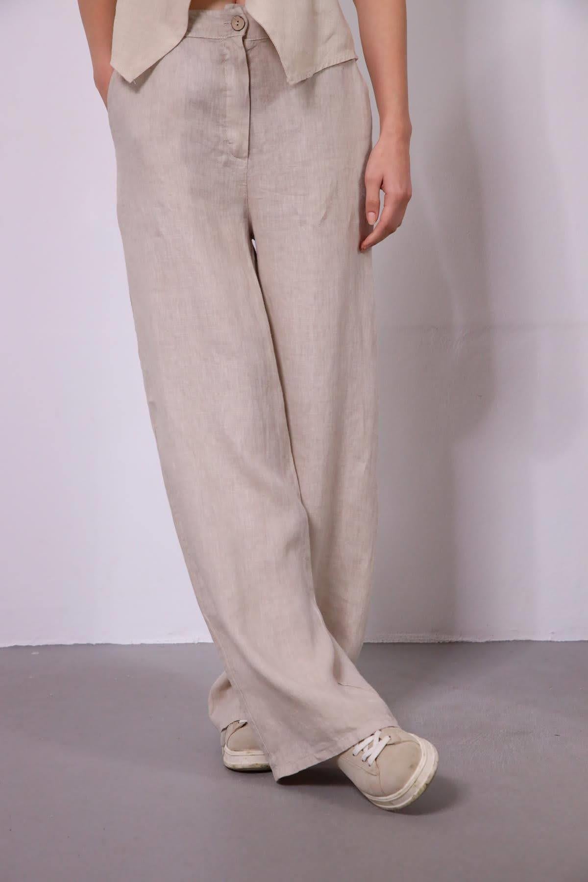 Bej Beli Lastikli Düğmeli Keten Pantolon - Şaman Butik Bej Beli Lastikli Düğmeli Keten Pantolon