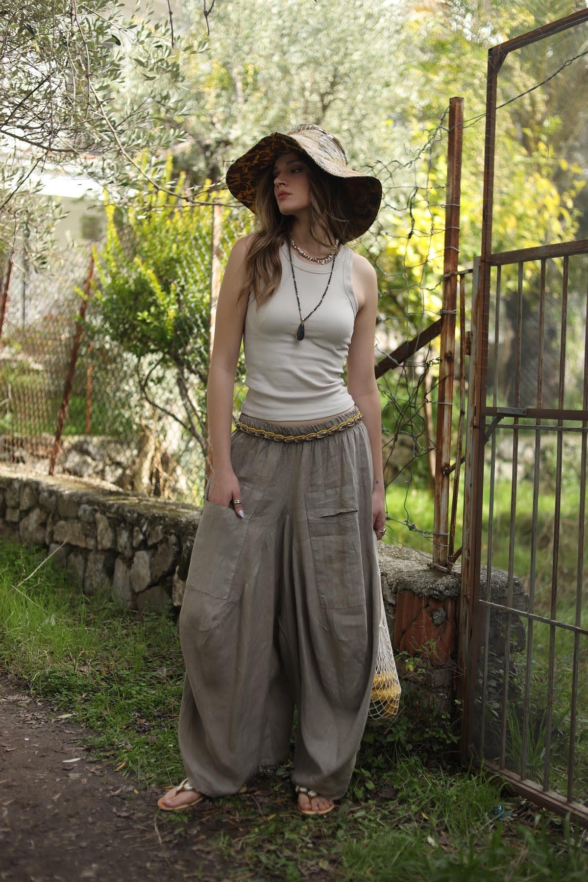 Vizon Rengi Önü Cepli Keten Şalvar