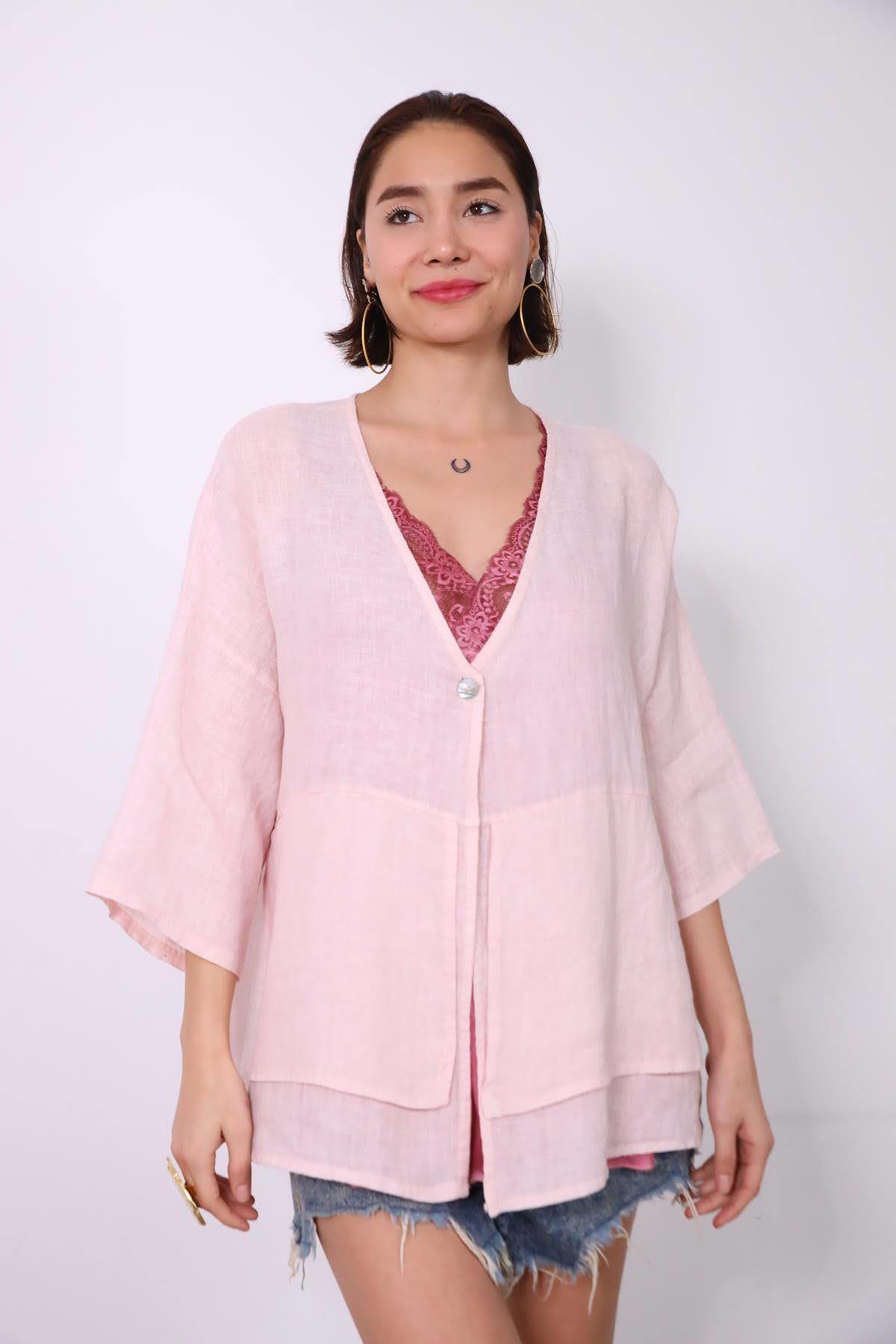 Pudra Pembe Önü Parça Detaylı Tek Düğmeli Keten Ceket - Şaman Butik Pudra Pembe Önü Parça Detaylı Tek Düğmeli Keten Ceket