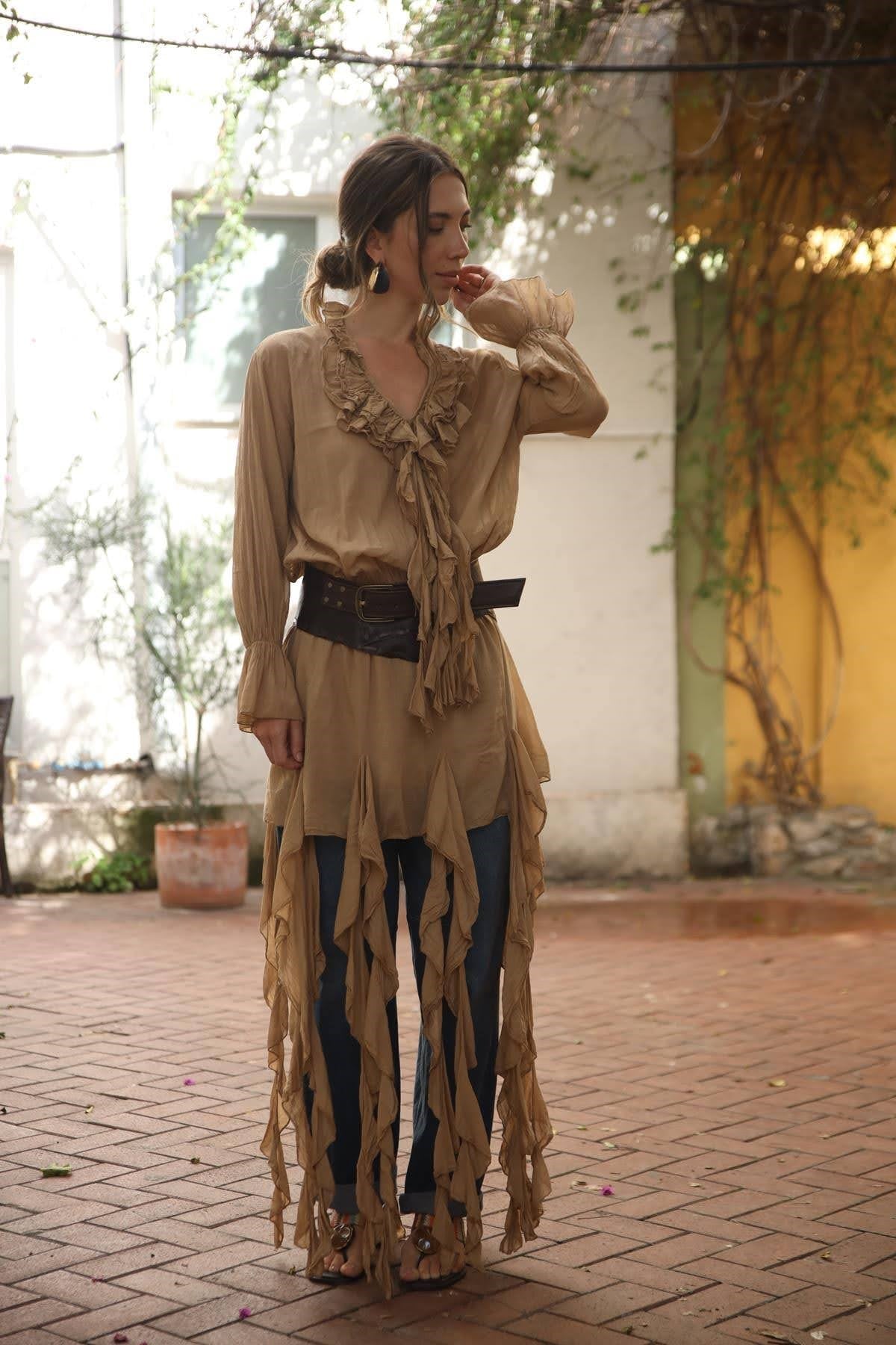 Camel Rengi Dalga Dalga Volanlı Tunik Elbise