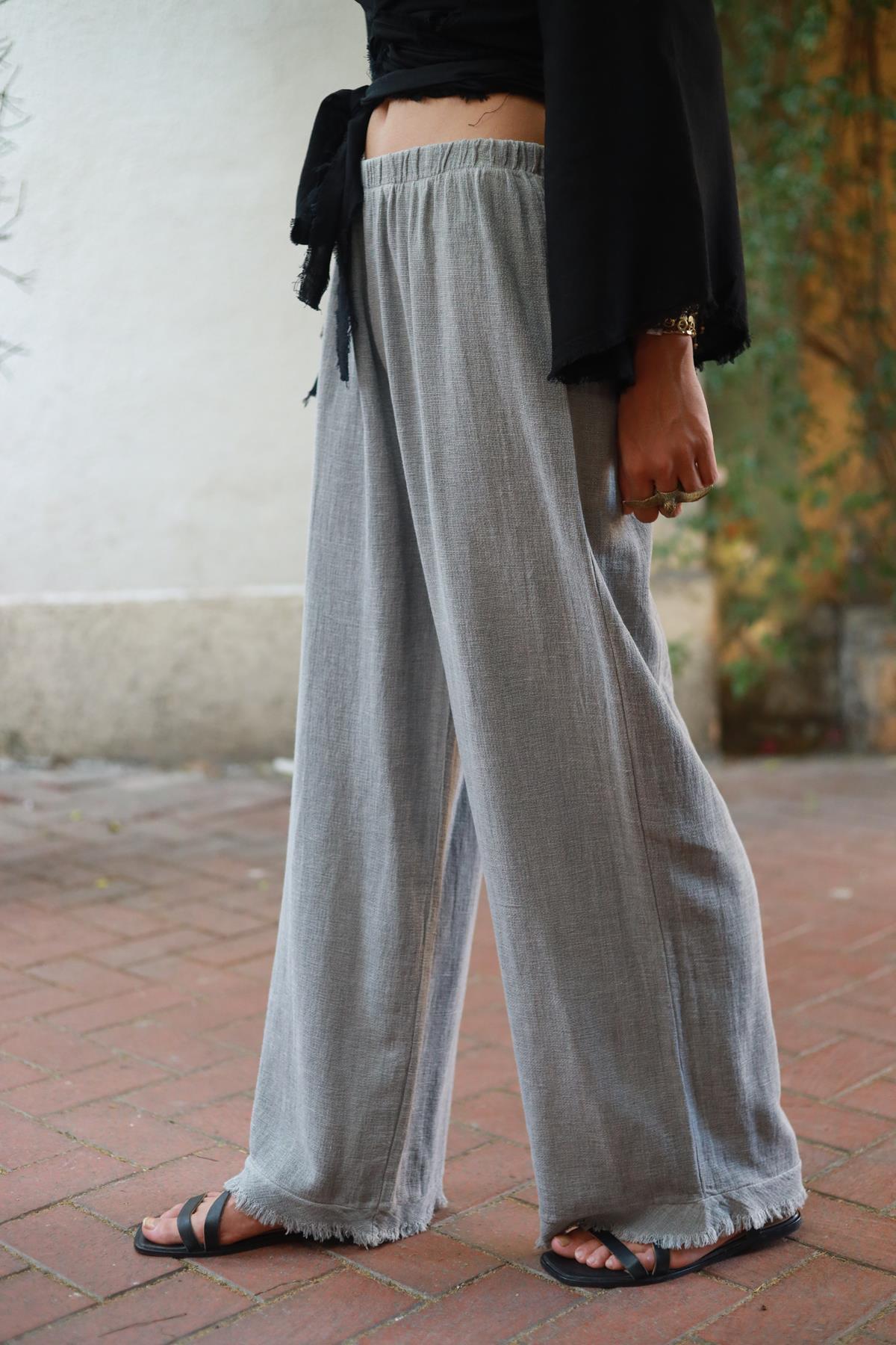 Gri Paçası Püsküllü Soft Keten Pantolon
