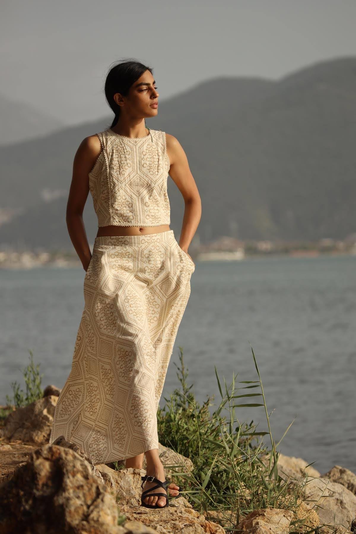 Cream Color Strappy Blouse and Skirt Set